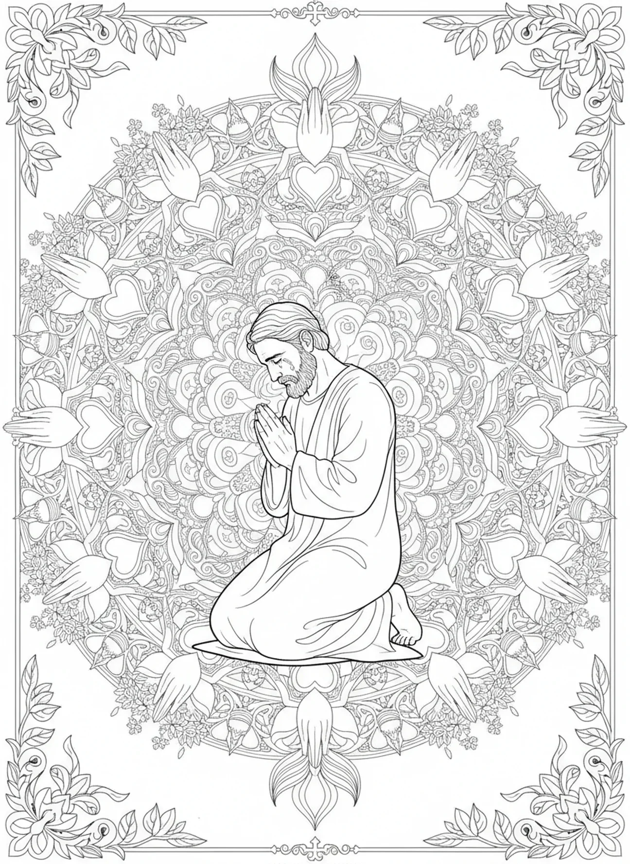 Job priant pour ses amis, page à colorier de Job pour le style de journal biblique pour adultes.