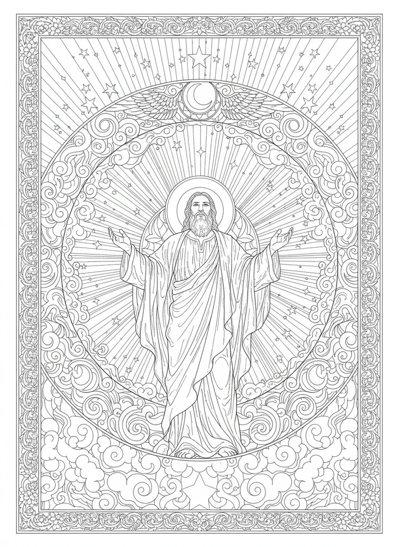Job répondant à Dieu, page à colorier pour adultes dans le style du journal biblique.