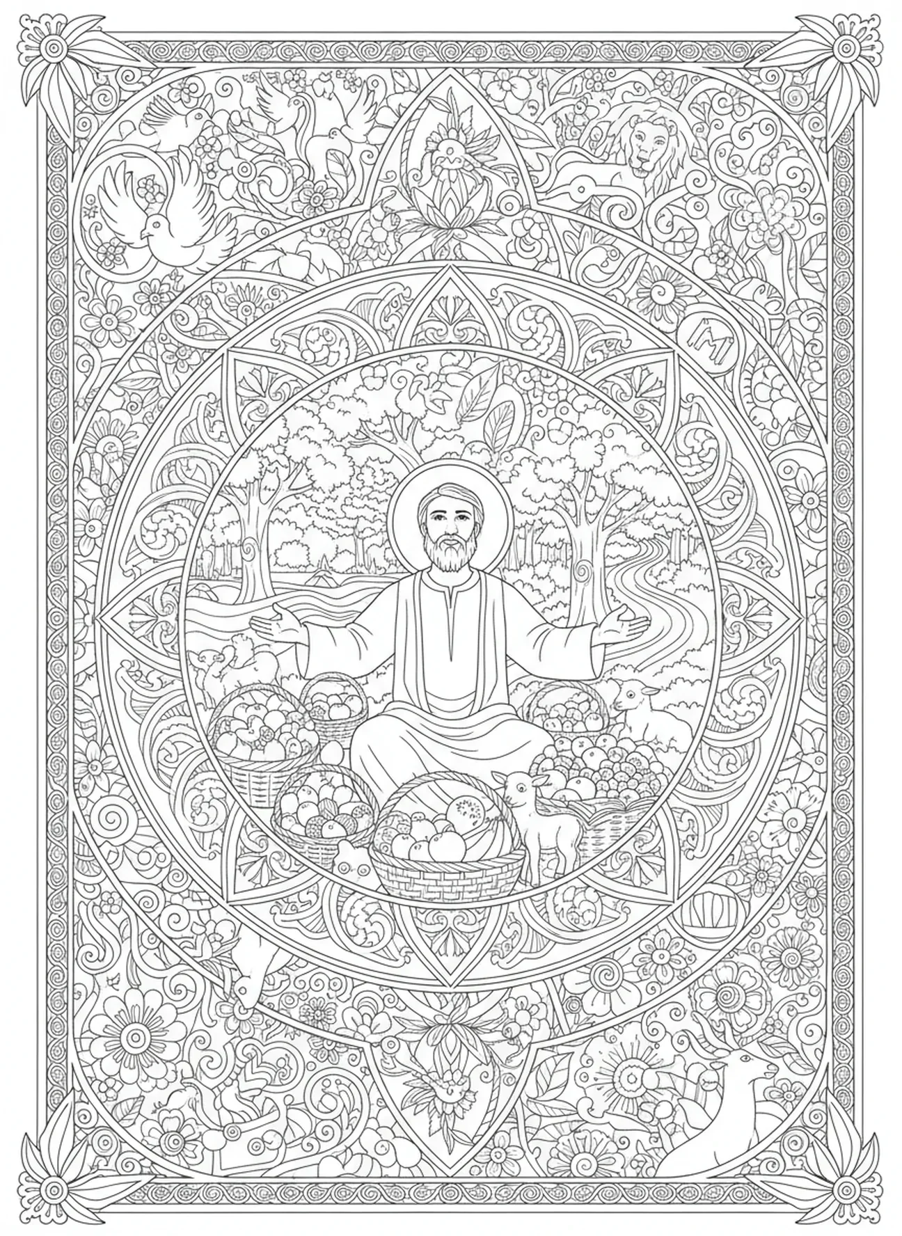 Job restauré avec des bénédictions, page à colorier Job pour le style de journal biblique pour adultes.
