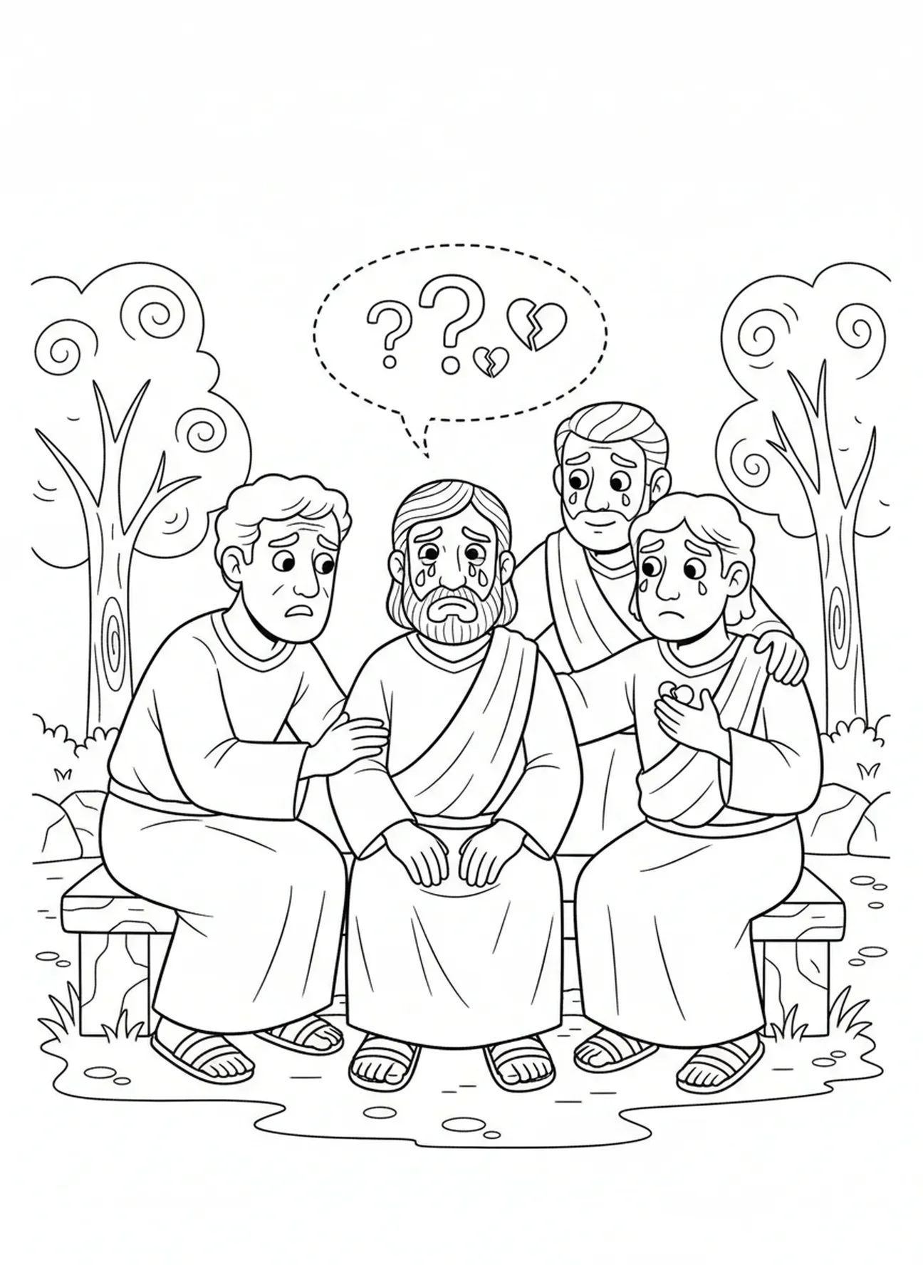 Hiob und seine Freunde im Gespräch, Malvorlage für Kinder im Alter von 5-10 Jahren.