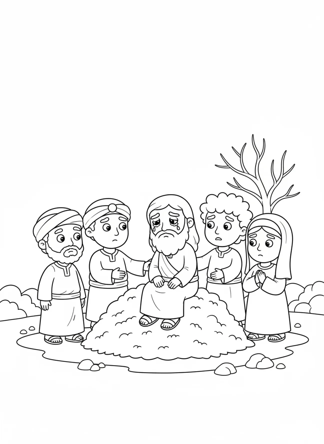 Hiob sitzt auf Asche, Ausmalbild für Kinder im Alter von 5-10 Jahren.