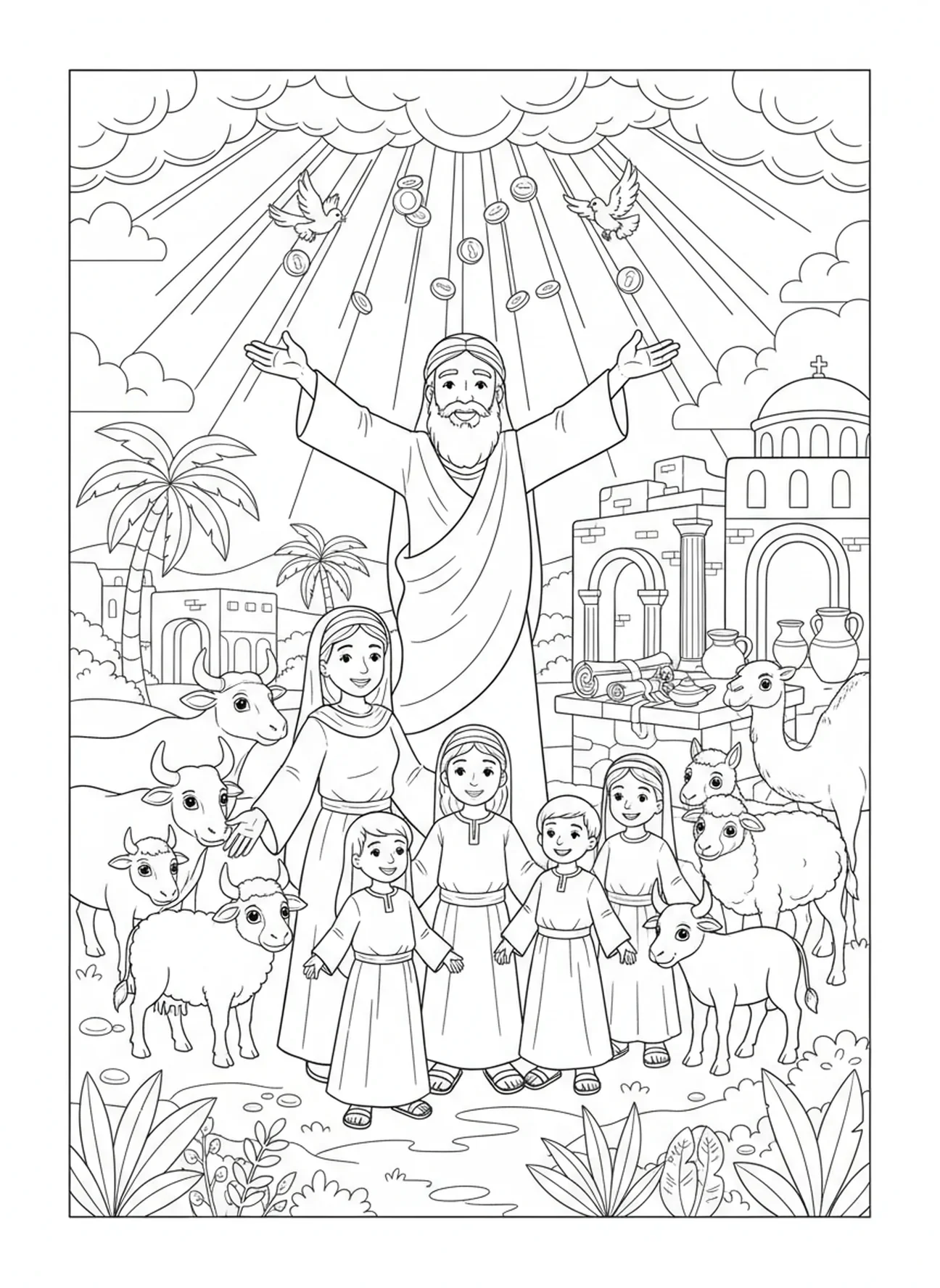 Hiob empfängt Segnungen, Ausmalbild für die Sonntagsschule für Kinder im Alter von 5-12 Jahren.