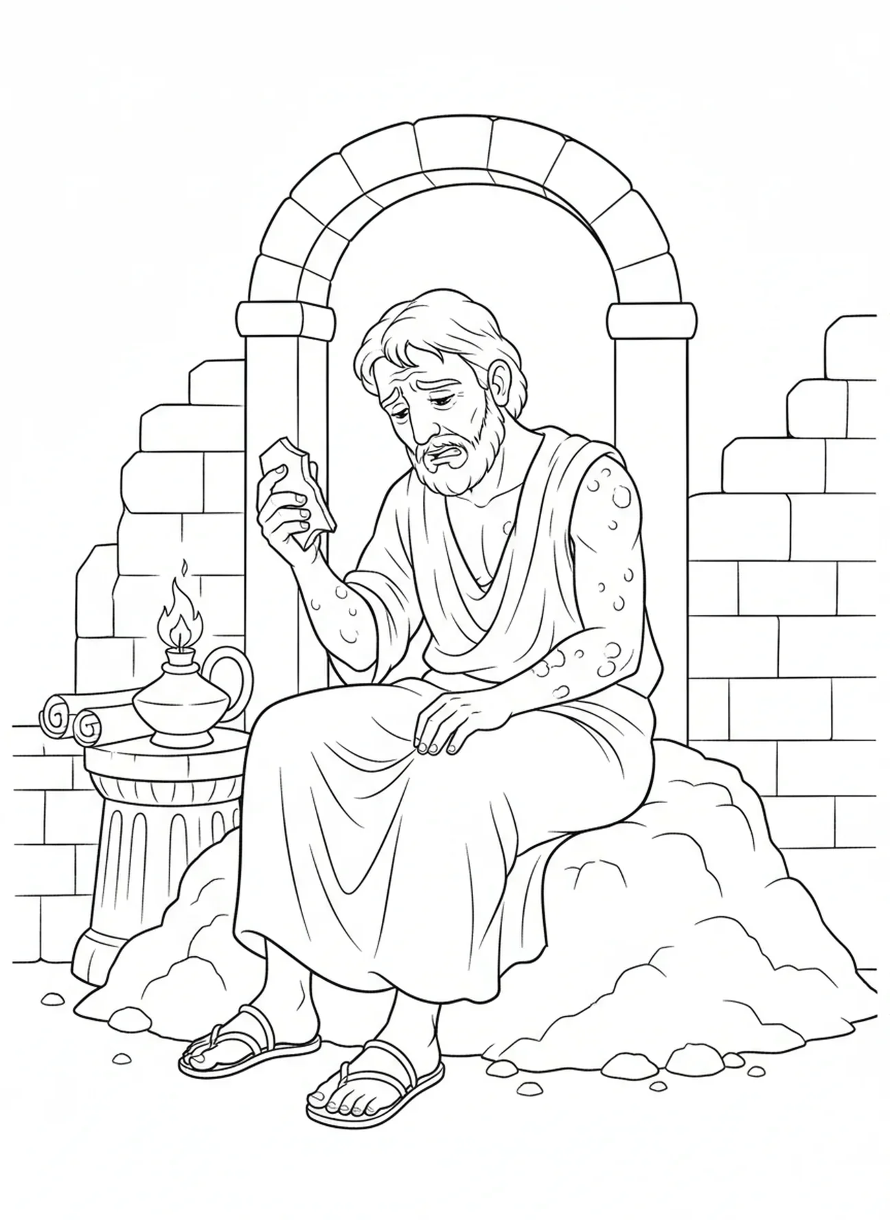 Hiob, der seine Geschwüre kratzt, Ausmalbild für Sonntagsschulkinder im Alter von 5-12 Jahren.