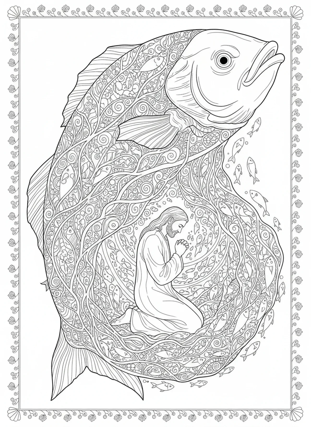 Padrões intrincados de água e plantas dentro do peixe, Jonas e a Baleia, página de colorir de Jonas orando dentro do peixe, estilo de journaling bíblico para adultos