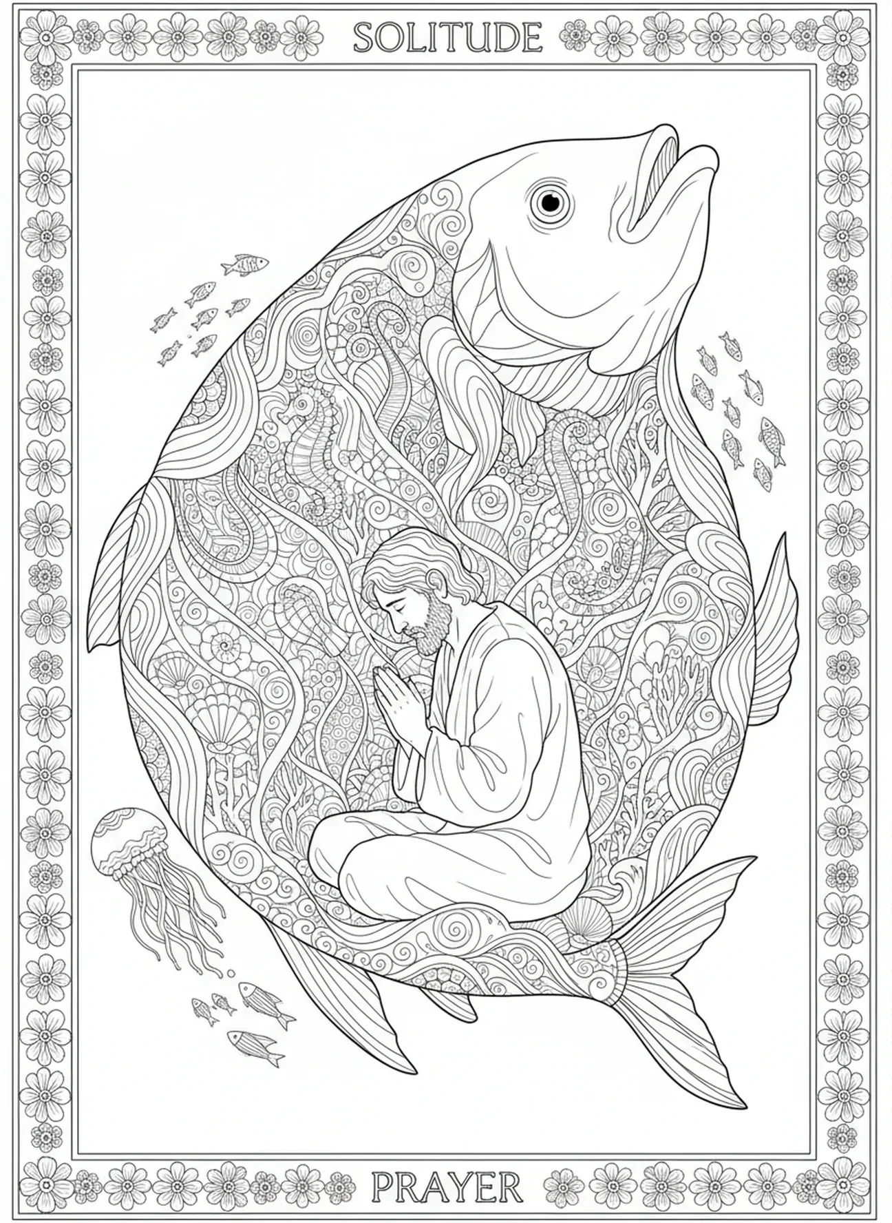 Jonas sentado na barriga do peixe com padrões elaborados, Jonas e a Baleia, página de colorir de Jonas orando dentro do peixe no estilo de journaling bíblico para adultos