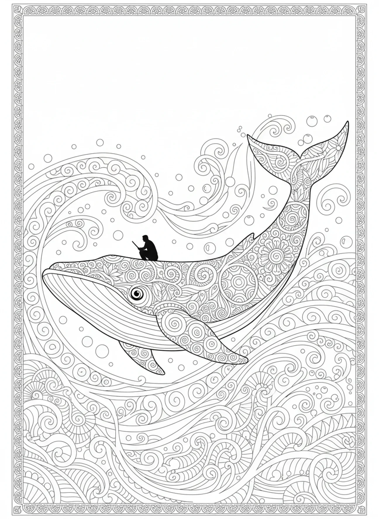 Grande baleia nadando com Jonas dentro, Jonas e a Baleia, página de colorir de Jonas orando dentro do peixe, estilo de journaling bíblico para adultos