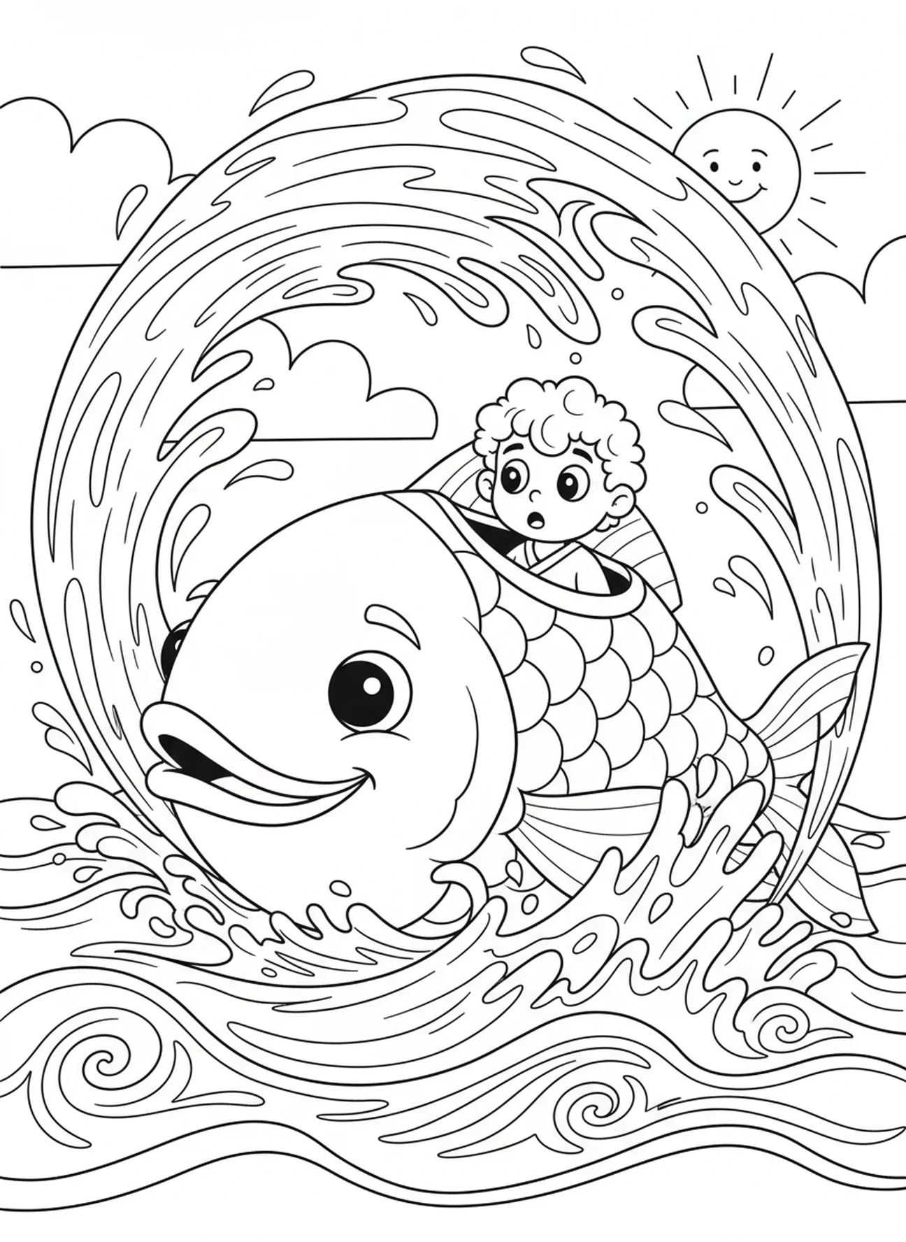 Grand poisson émergeant avec Jonas à l'intérieur, Jonas et la baleine, Jonas priant à l'intérieur du poisson, page à colorier pour enfants de 5 à 10 ans