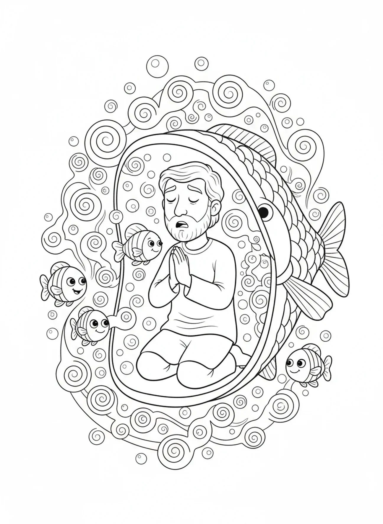 Jonas en prière avec des bulles et de petits poissons, page à colorier Jonas et la baleine, Jonas priant à l'intérieur du poisson pour les enfants de 5 à 10 ans