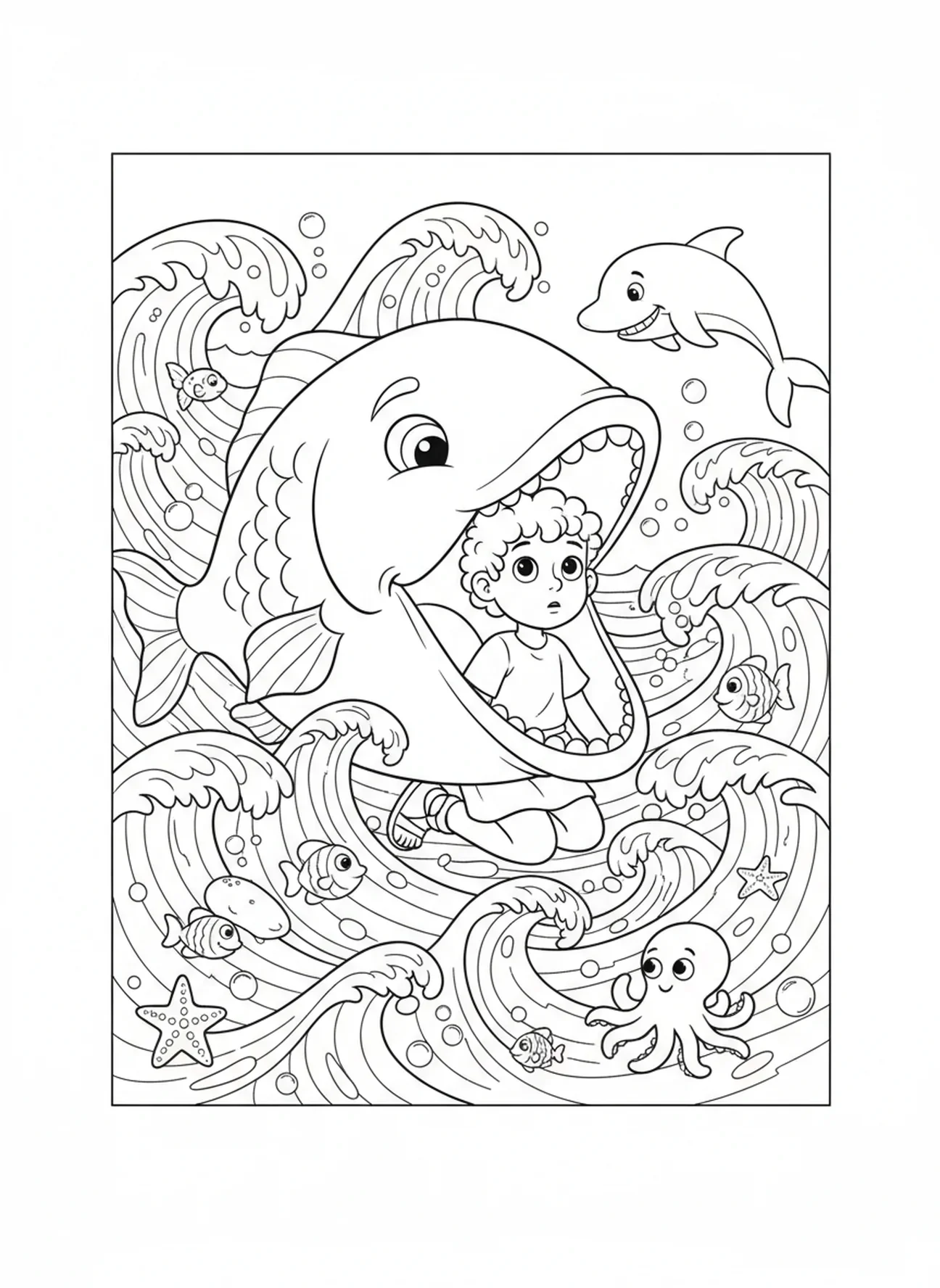 Jonas regardant par le poisson vers l'océan, Jonas et la baleine, page à colorier de Jonas priant à l'intérieur du poisson pour les enfants de 5 à 10 ans