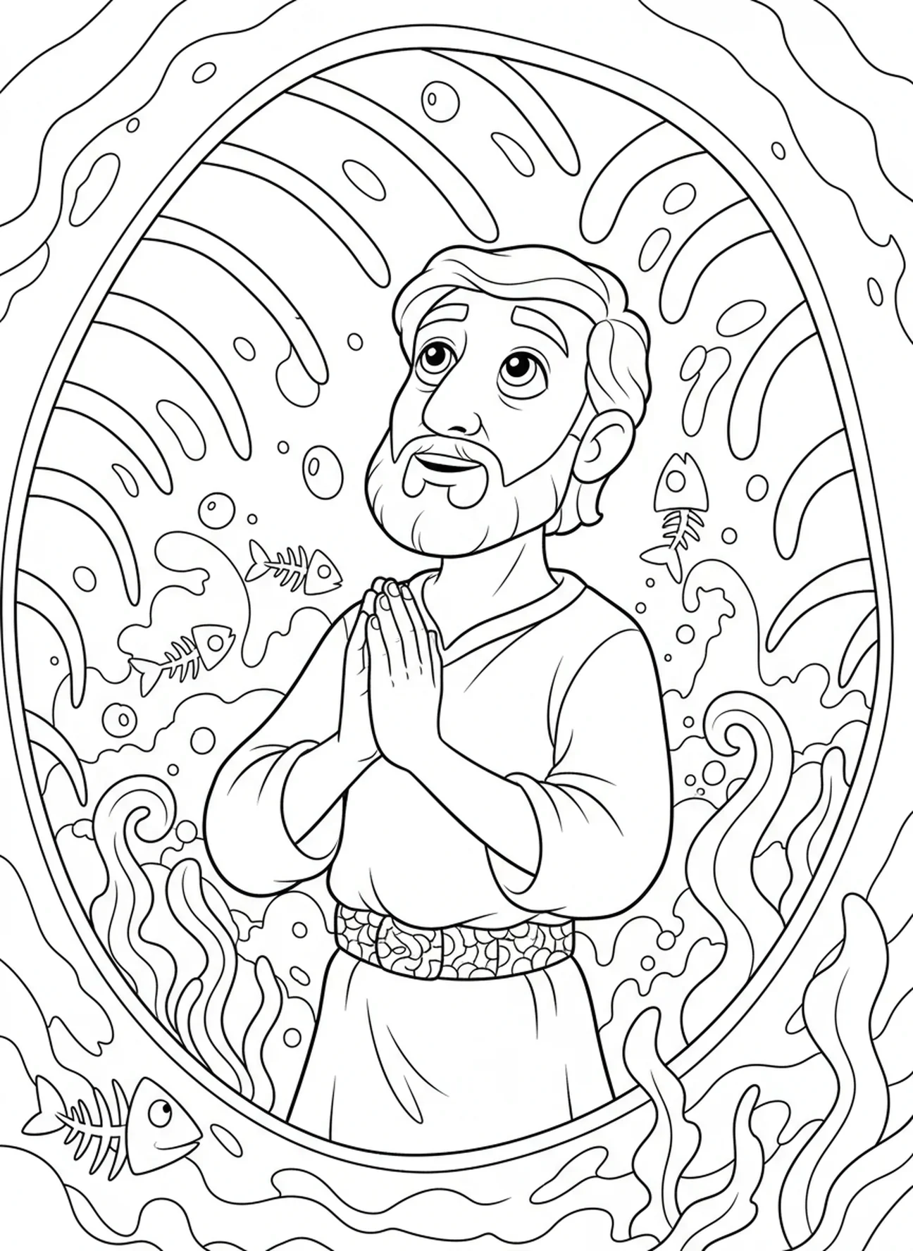 Gros plan de Jonas priant à l'intérieur du poisson, page à colorier Jonas et le poisson pour les enfants de 5 à 10 ans