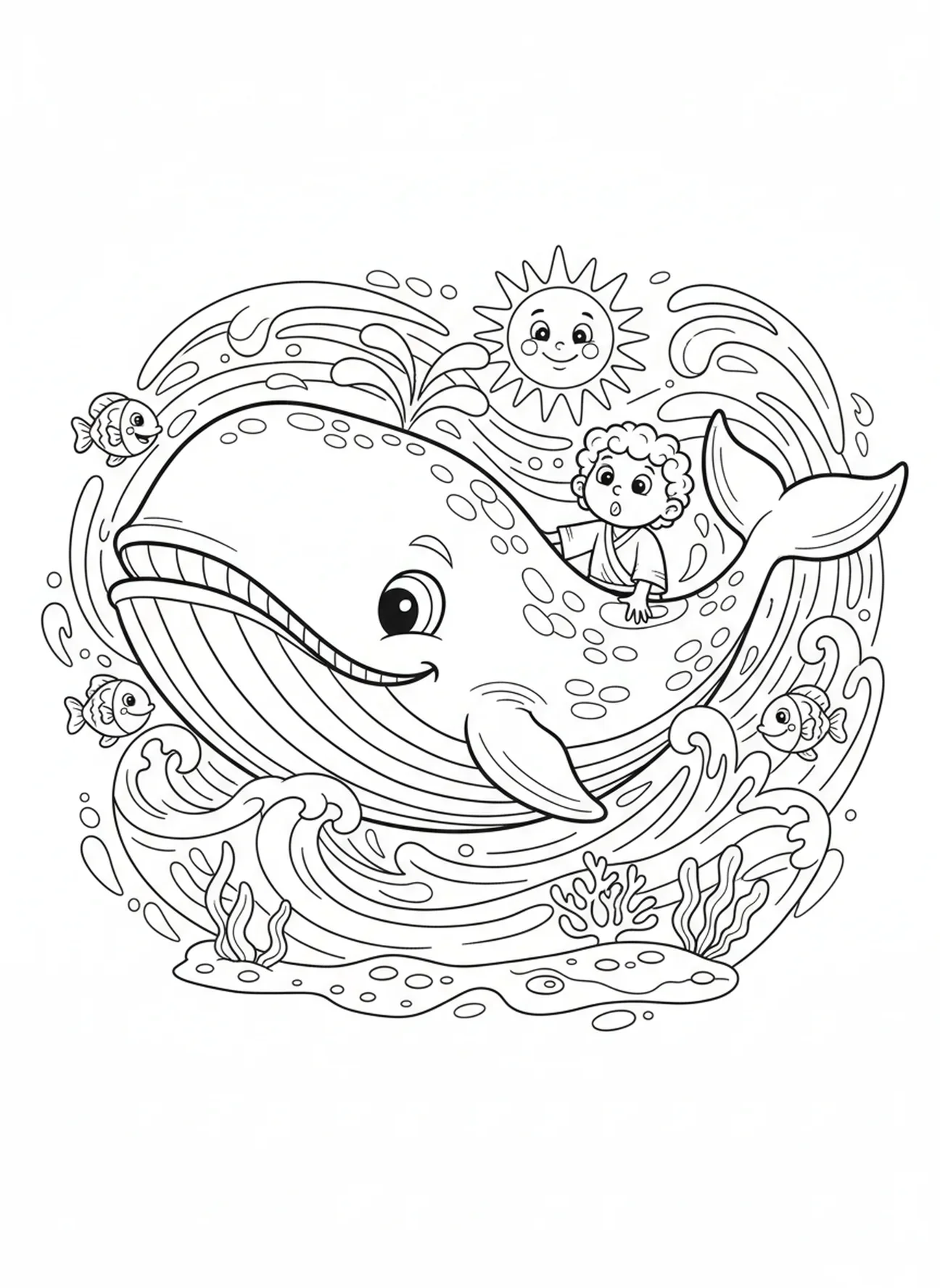 Baleine nageant avec Jonas à l'intérieur, Jonas et la Baleine, page à colorier de Jonas priant à l'intérieur du poisson pour les enfants de 5 à 10 ans