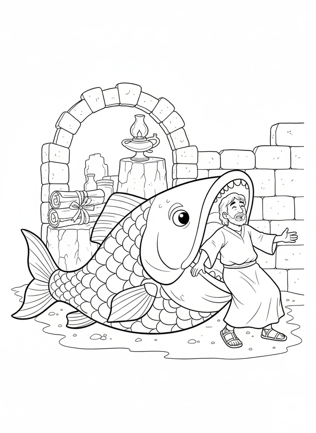 Grand poisson libérant Jonas sur le rivage, page à colorier Jonas et la baleine, Jonas priant à l'intérieur du poisson pour les enfants de catéchisme âgés de 5 à 12 ans.