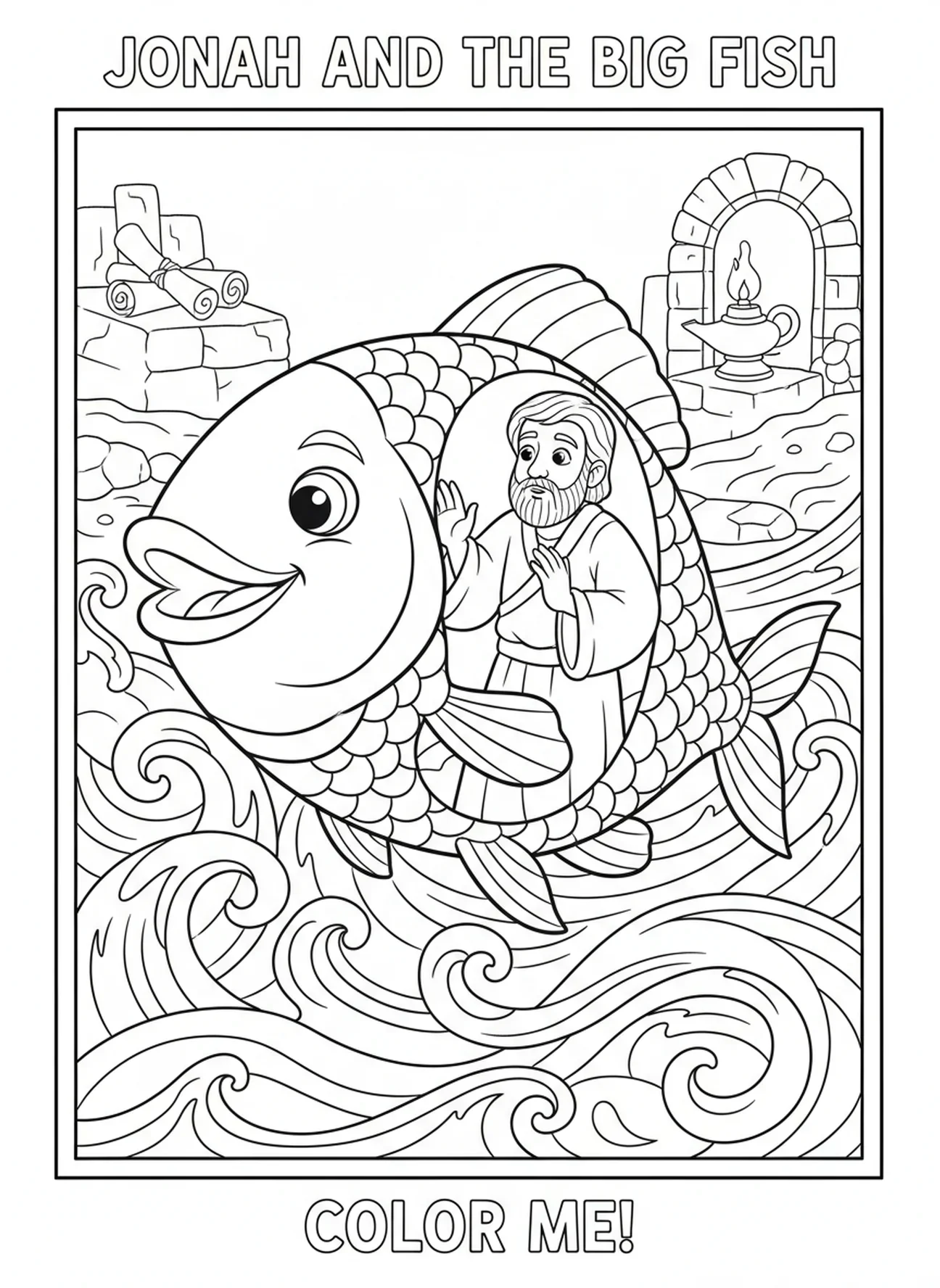 Gros poisson nageant avec Jonas à l'intérieur, page à colorier Jonas et la baleine, Jonas priant à l'intérieur du poisson pour les enfants de l'École du dimanche âgés de 5 à 12 ans.