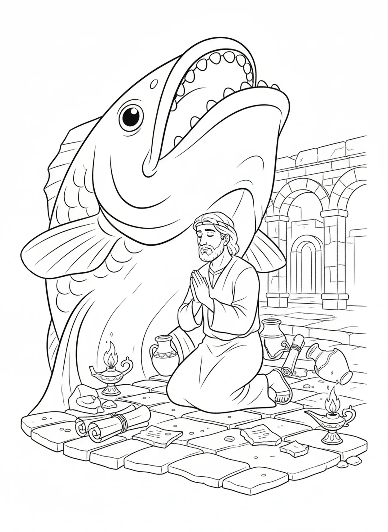 Jonas à genoux et priant à l'intérieur du poisson, page à colorier Jonas et la baleine pour les enfants de l'École du dimanche âgés de 5 à 12 ans.