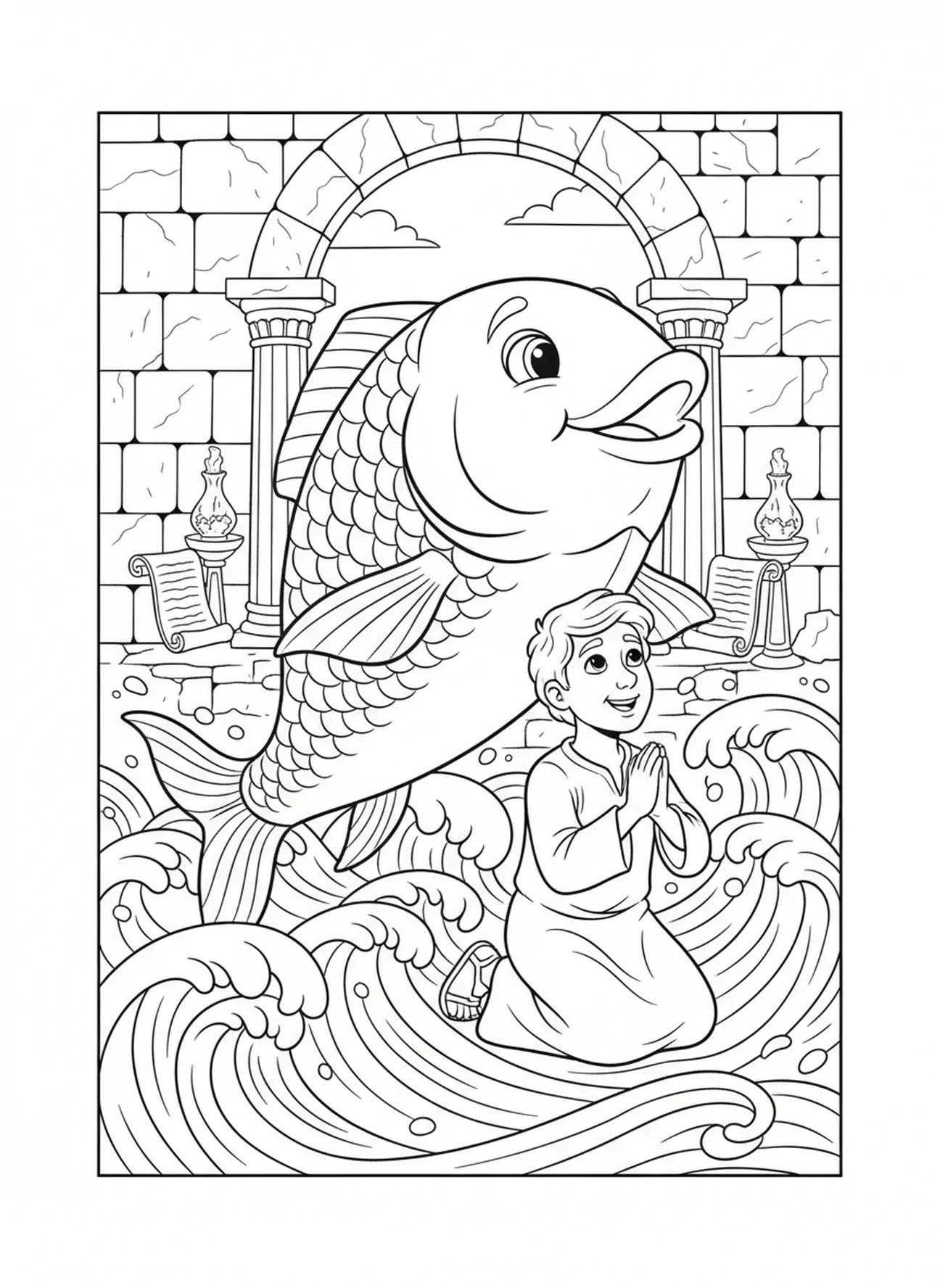 Des vagues s'écrasent autour du poisson avec Jonas en prière, page à colorier Jonas et la baleine pour les enfants de l'École du dimanche âgés de 5 à 12 ans.