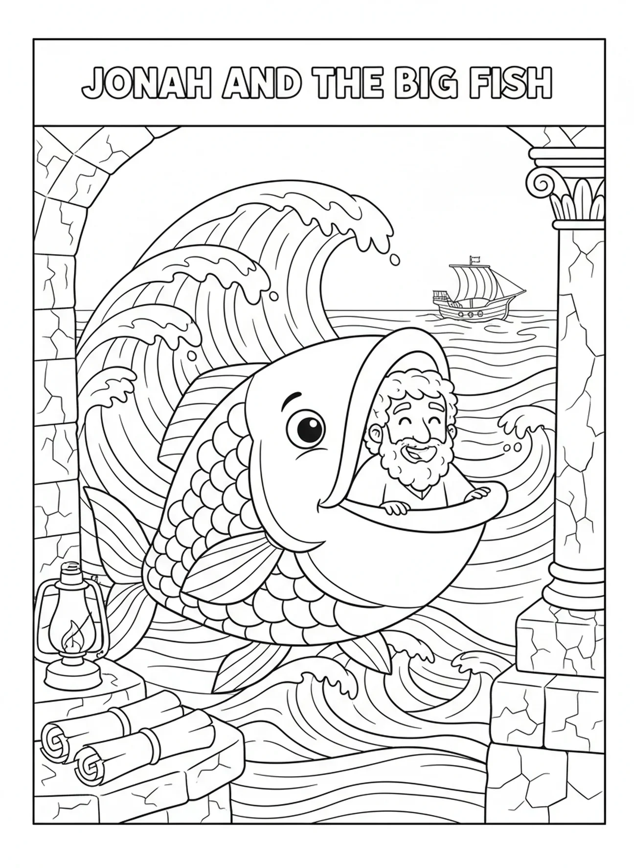 Jonas regardant par la bouche du poisson, page à colorier Jonas et la baleine, Jonas priant à l'intérieur du poisson pour les enfants de l'École du dimanche âgés de 5 à 12 ans.