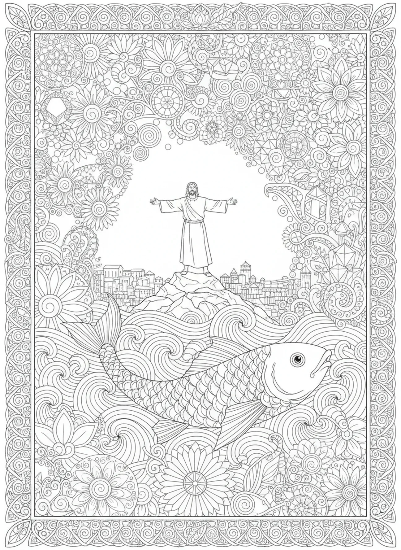 Jonas sur une colline, Jonas et la baleine, page à colorier pour adultes sur la prédication de Jonas à Ninive dans un style de journal biblique.