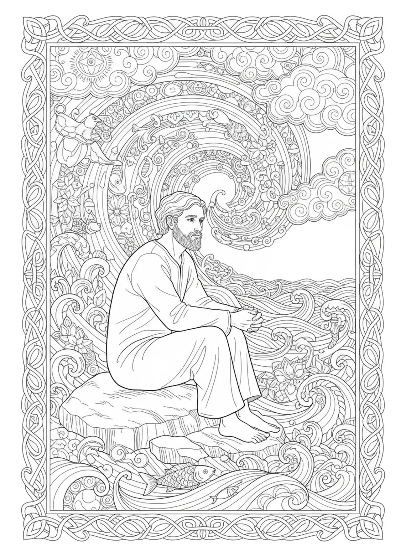 Jonas réfléchissant au bord de la mer, page à colorier Jonas et la baleine, Jonas prêchant à Ninive, style de journal biblique pour adultes.