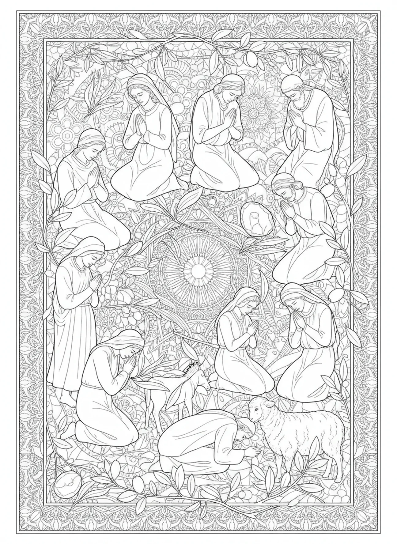 Le peuple de Ninive se repentant, Jonas et la baleine, page à colorier pour adultes dans un style de journal biblique.