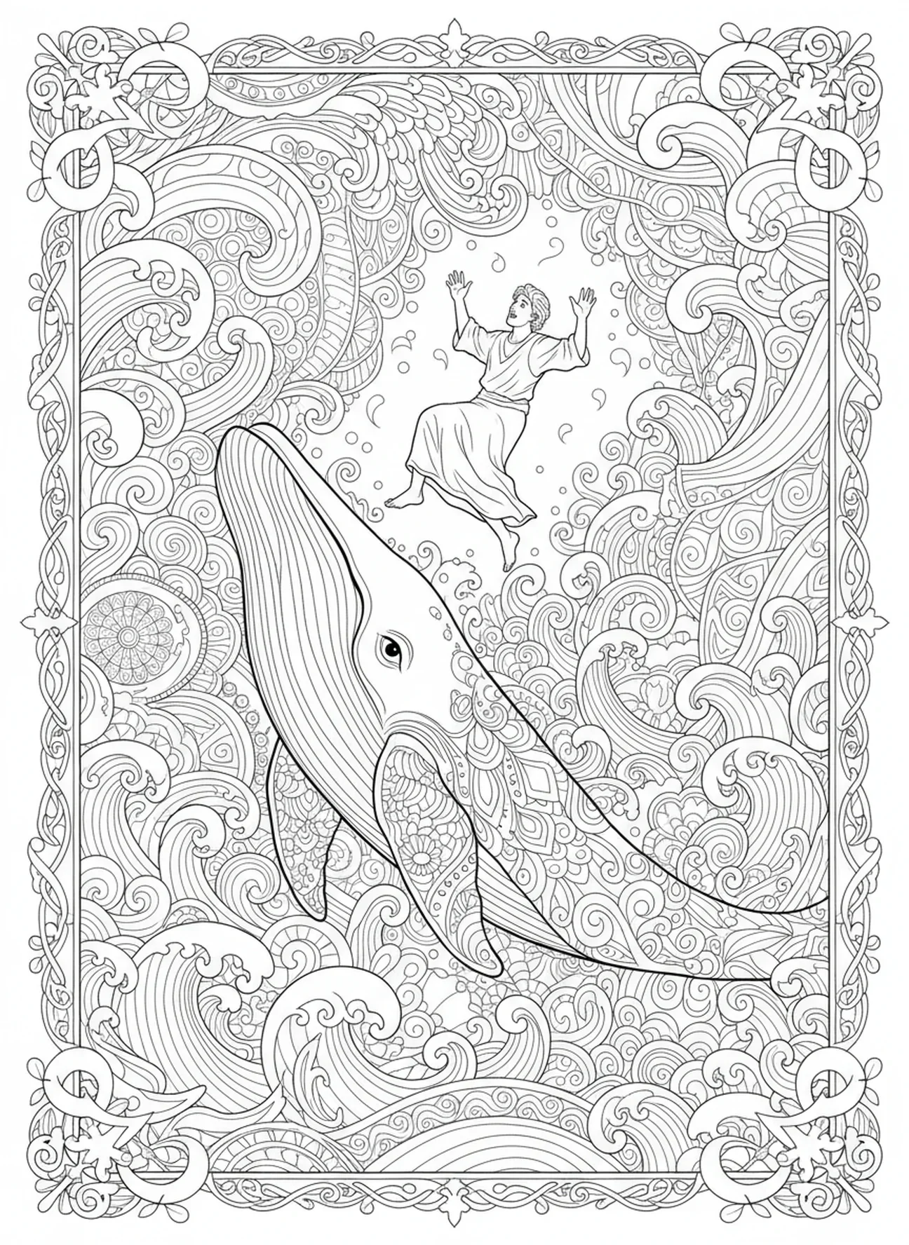 Baleine crachant Jonas, page à colorier Jonas et la Baleine, Jonas prêchant Ninive dans un style de journal biblique pour adultes.
