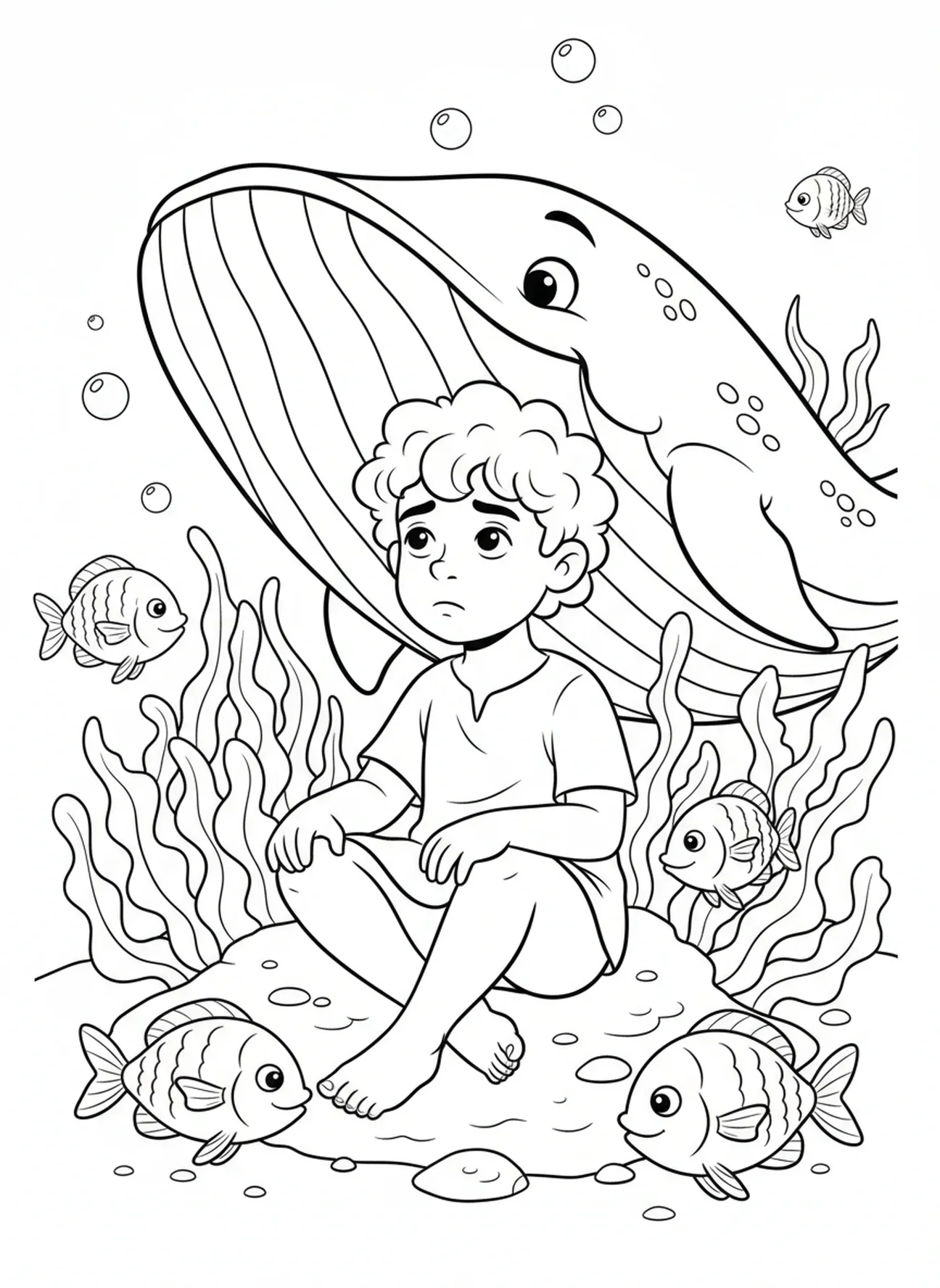 Jona in de walvis, Jona en de walvis kleurplaat voor kinderen van 5-10 jaar.
