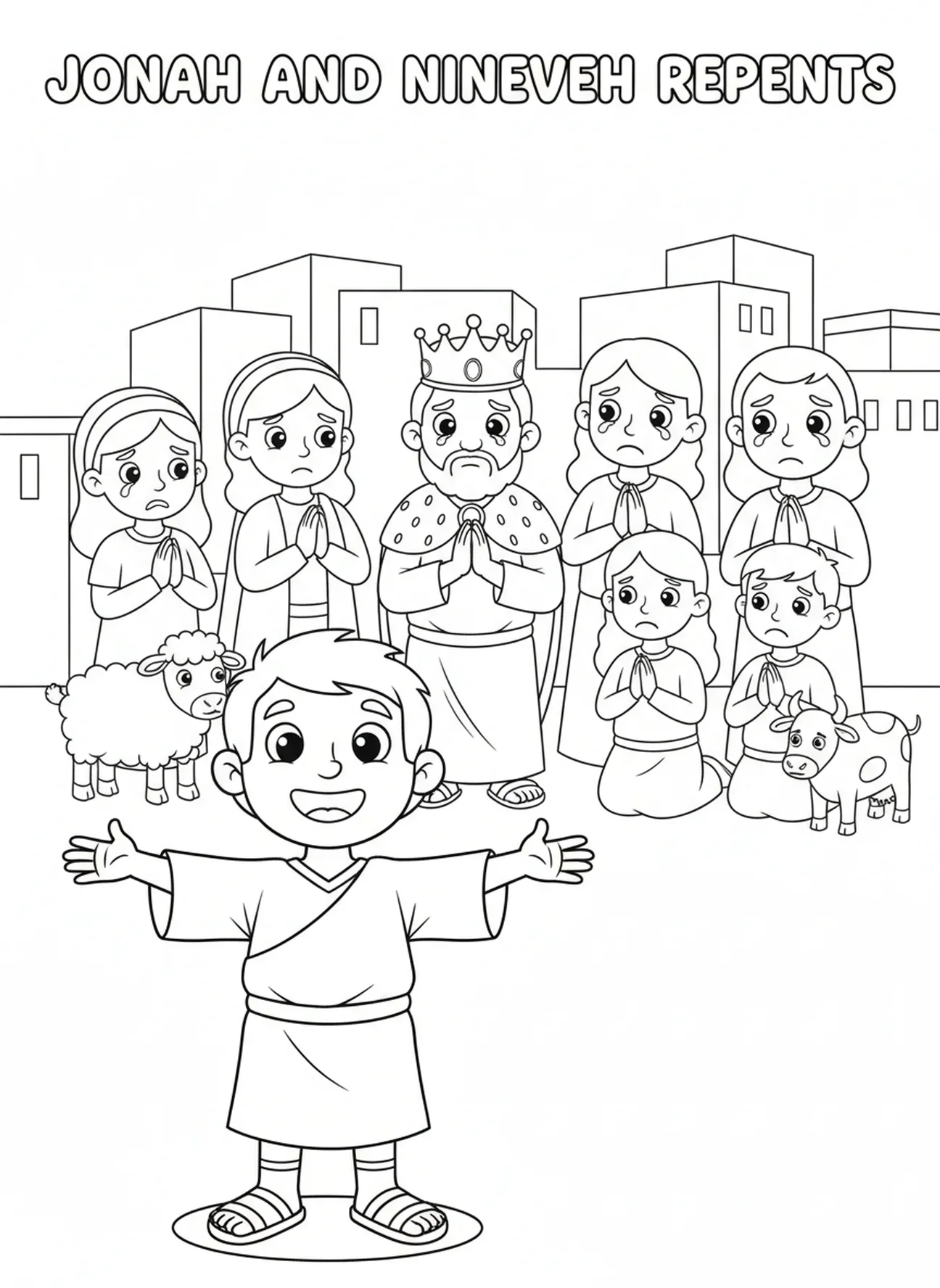 De mensen van Ninevé die zich bekeren, Jona en de Walvis Jona die in Ninevé predikt kleurplaat voor kinderen van 5-10 jaar.