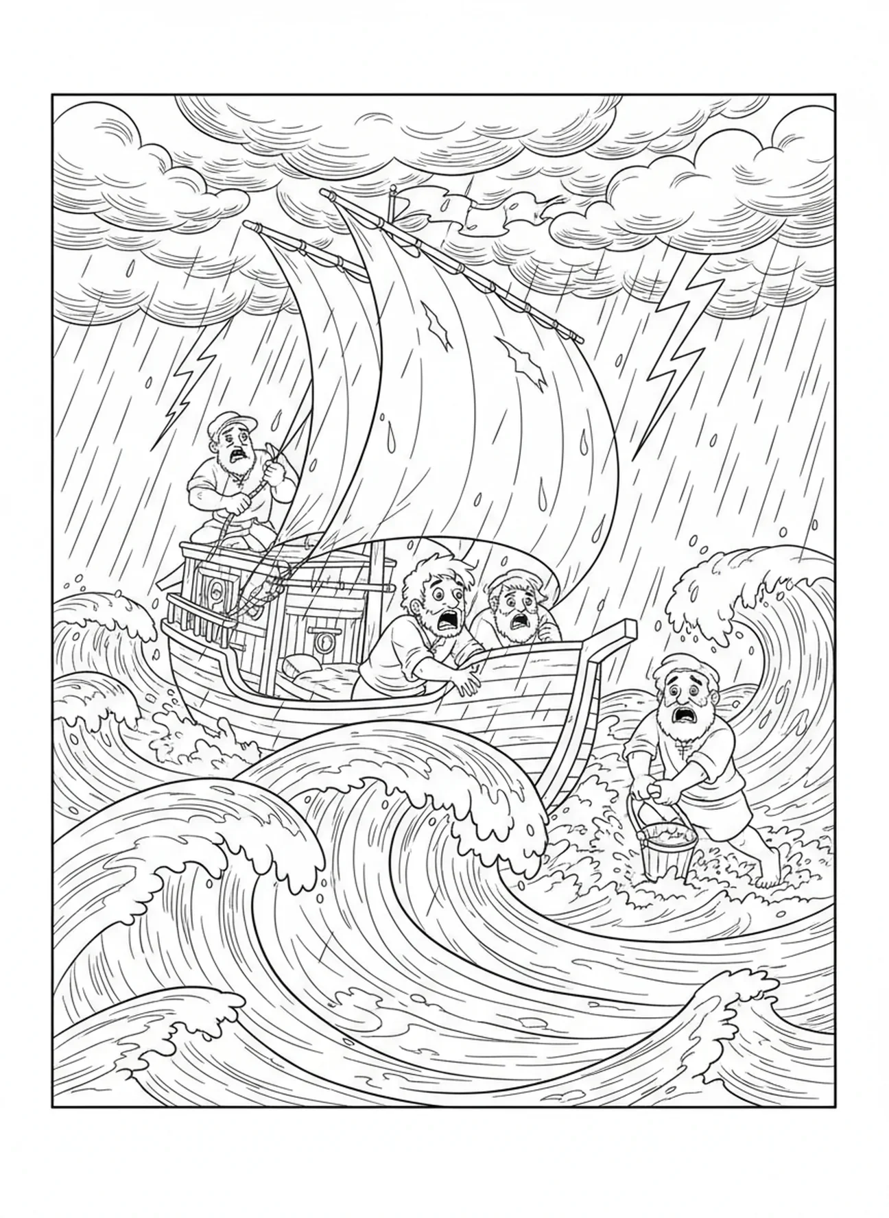 Zeelieden die vechten tegen een storm, Jona en de Walvis Jona die Ninevé predikt kleurplaat voor kinderen van 5-10 jaar.