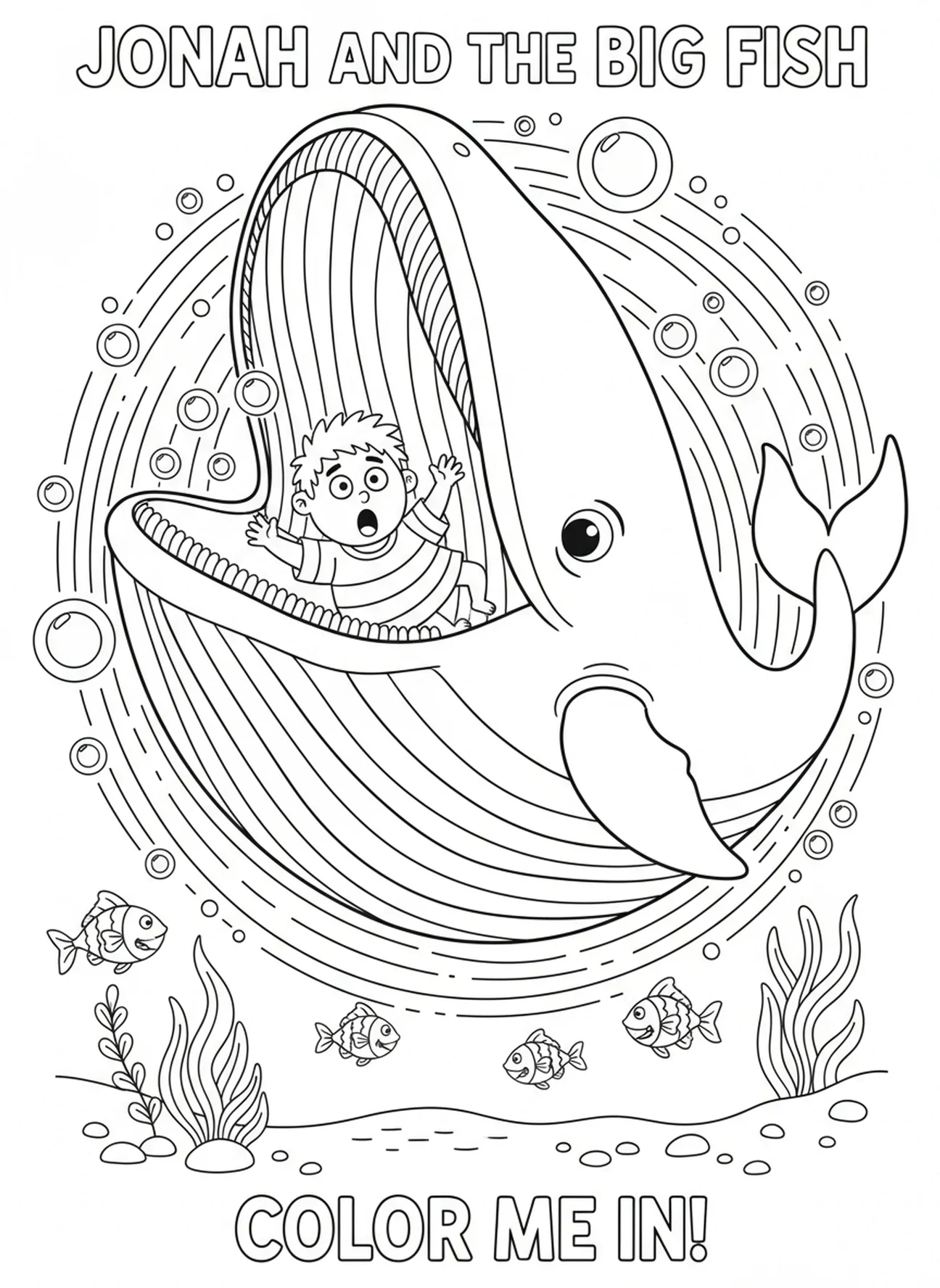Walvis die Jona opslokt, Jona en de Walvis kleurplaat voor kinderen van 5-10 jaar.