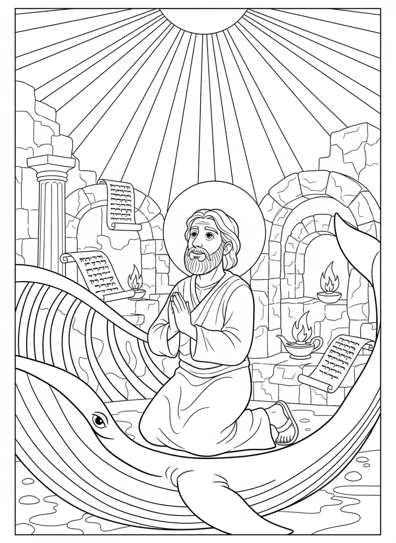Jonas priant à l'intérieur de la baleine, page à colorier Jonas et la baleine, Jonas prêchant à Ninive pour les enfants de l'École du dimanche âgés de 5 à 12 ans.