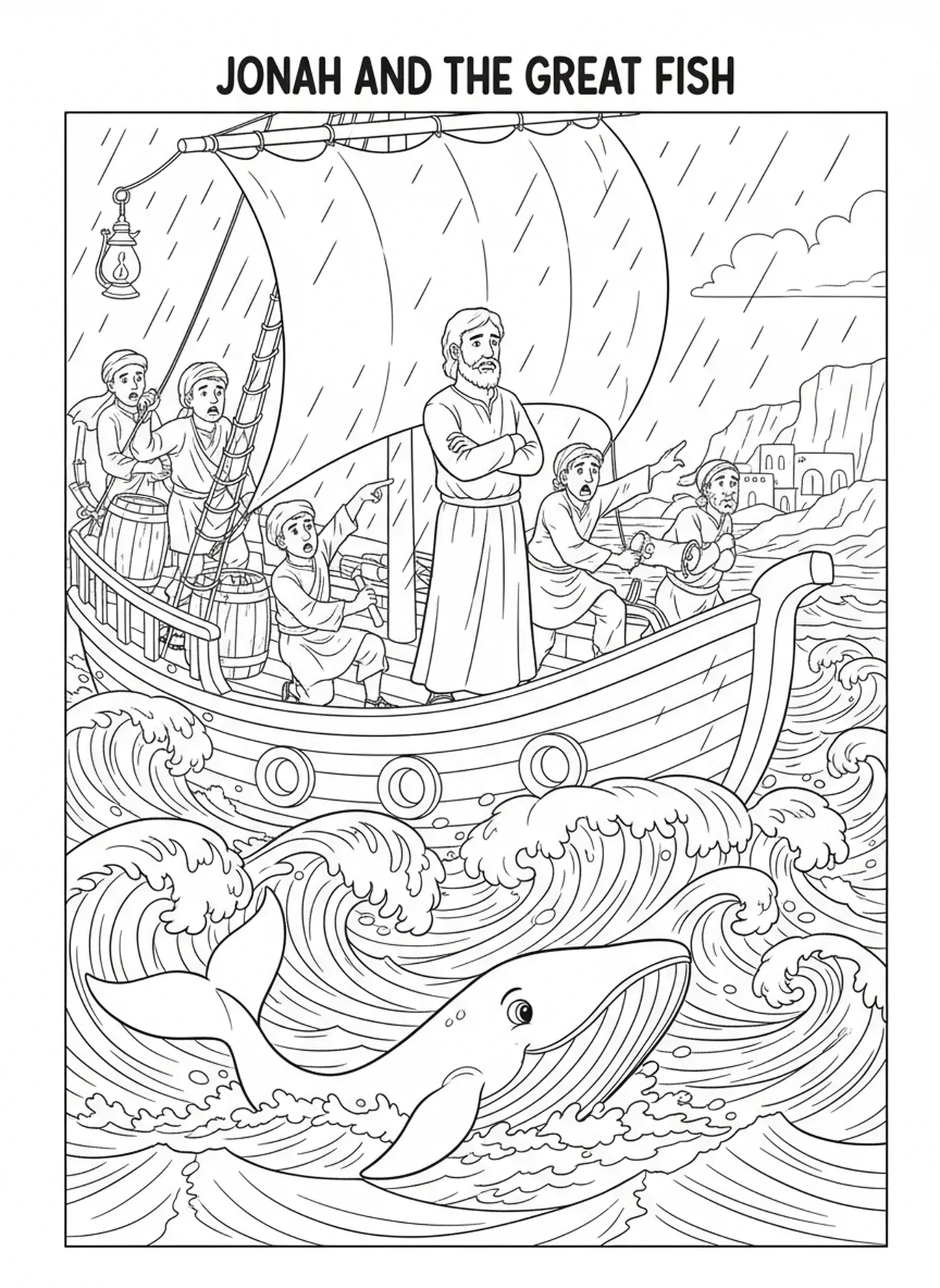 Jonas sur le pont d'un navire en tempête, Jonas et la baleine, page à colorier pour les enfants de l'École du dimanche âgés de 5 à 12 ans.