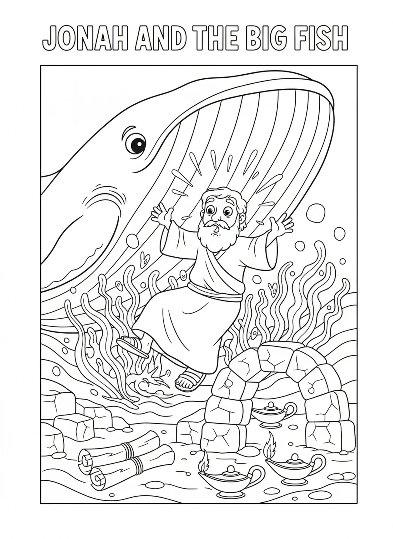 Jonas dans le ventre d'une baleine, page à colorier Jonas et la Baleine Jonas prêchant à Ninive pour les enfants de l'École du dimanche âgés de 5 à 12 ans.