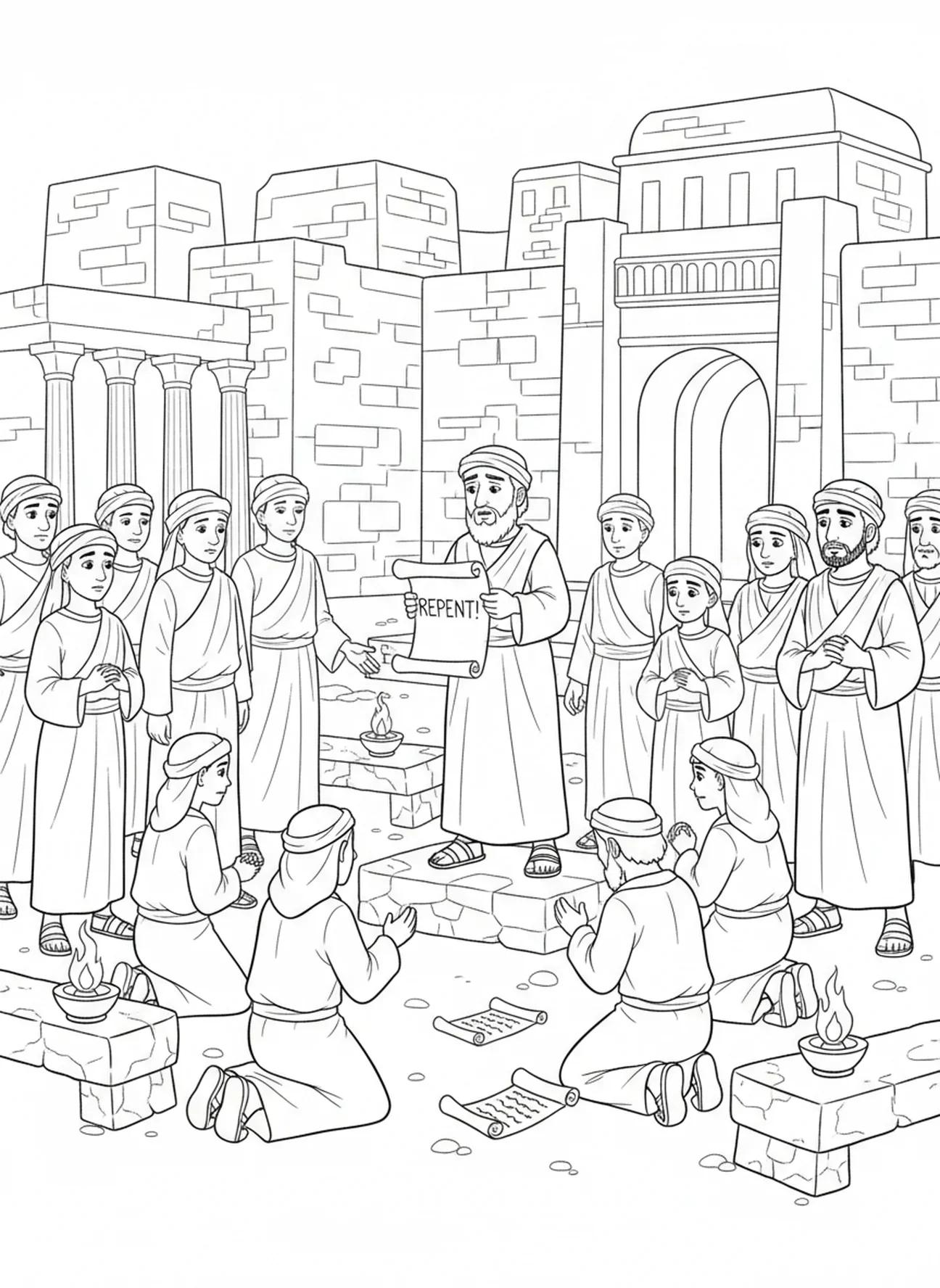 Les habitants de Ninive se repentent après la prédication de Jonas, page à colorier Jonas et la baleine pour les enfants de l'École du dimanche âgés de 5 à 12 ans.
