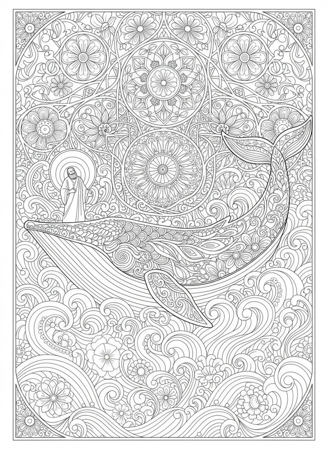 Ballena tragando a Jonás, página para colorear de Jonás y la Ballena, estilo de journaling bíblico para adultos