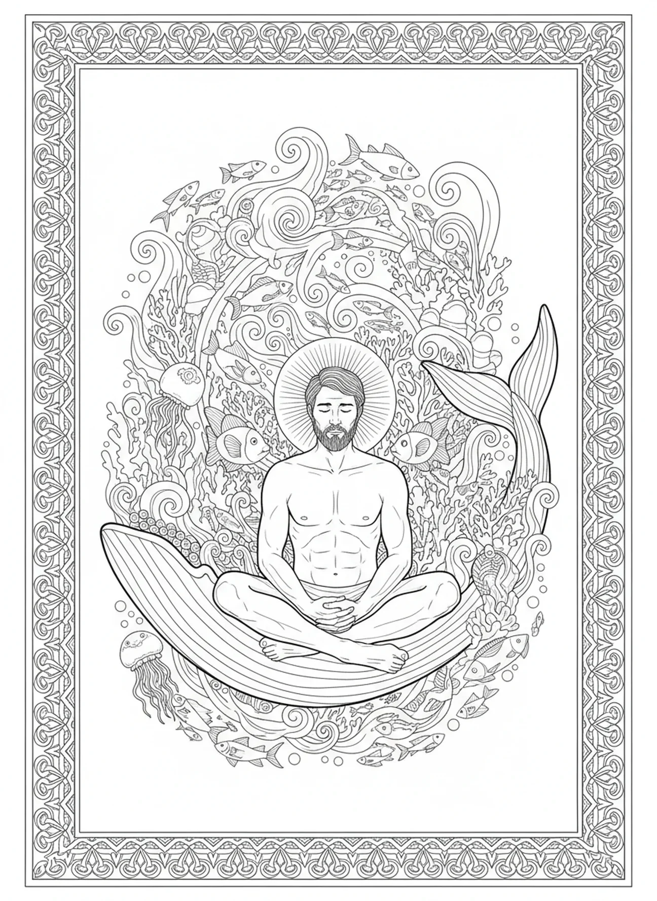 Jonás dentro de la ballena, página para colorear de Jonás y la ballena, Jonás huyendo de Dios, estilo de journaling bíblico para adultos