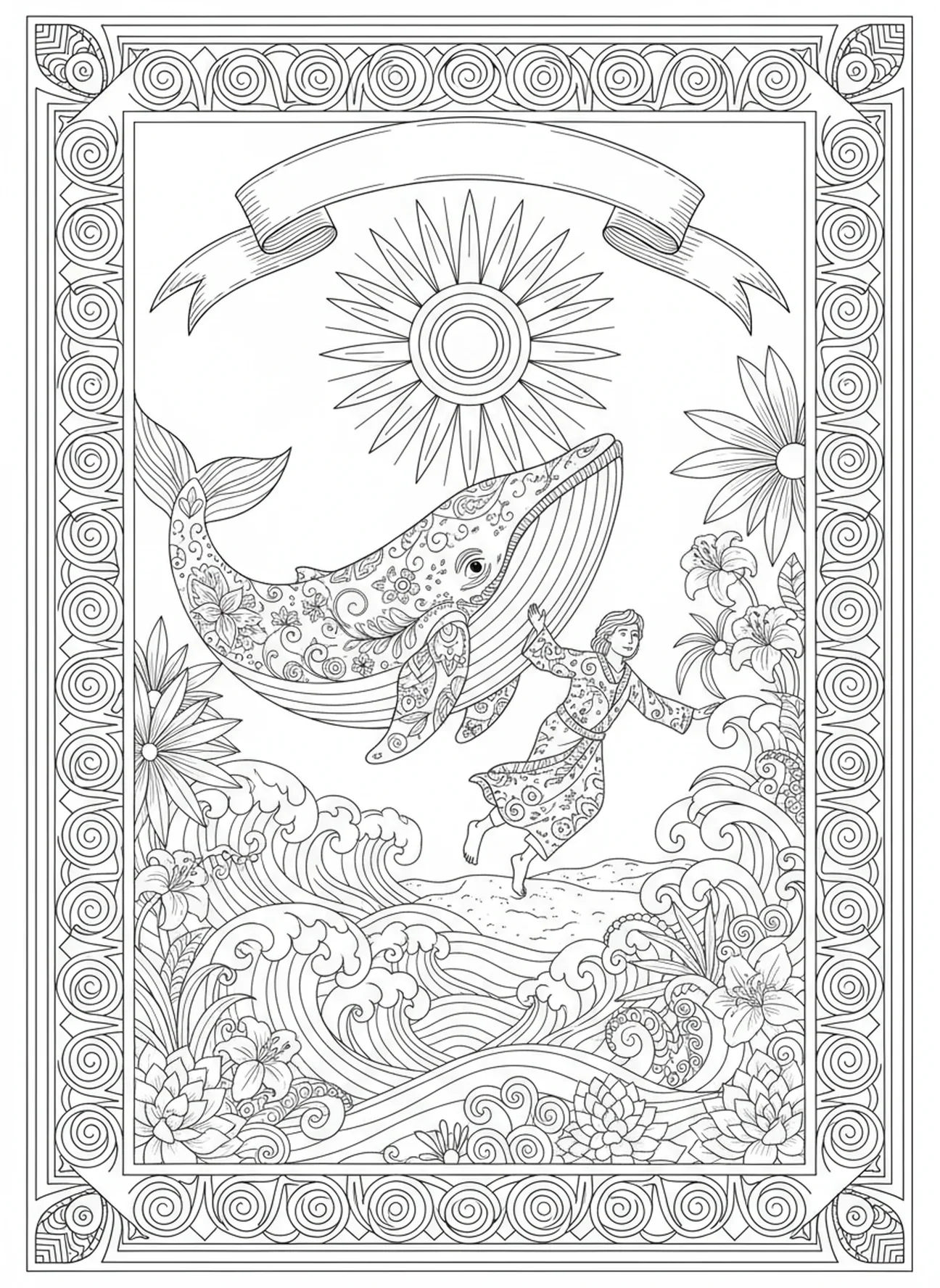 Ballena escupiendo a Jonás en la orilla, página para colorear de Jonás y la Ballena, estilo de journaling bíblico para adultos