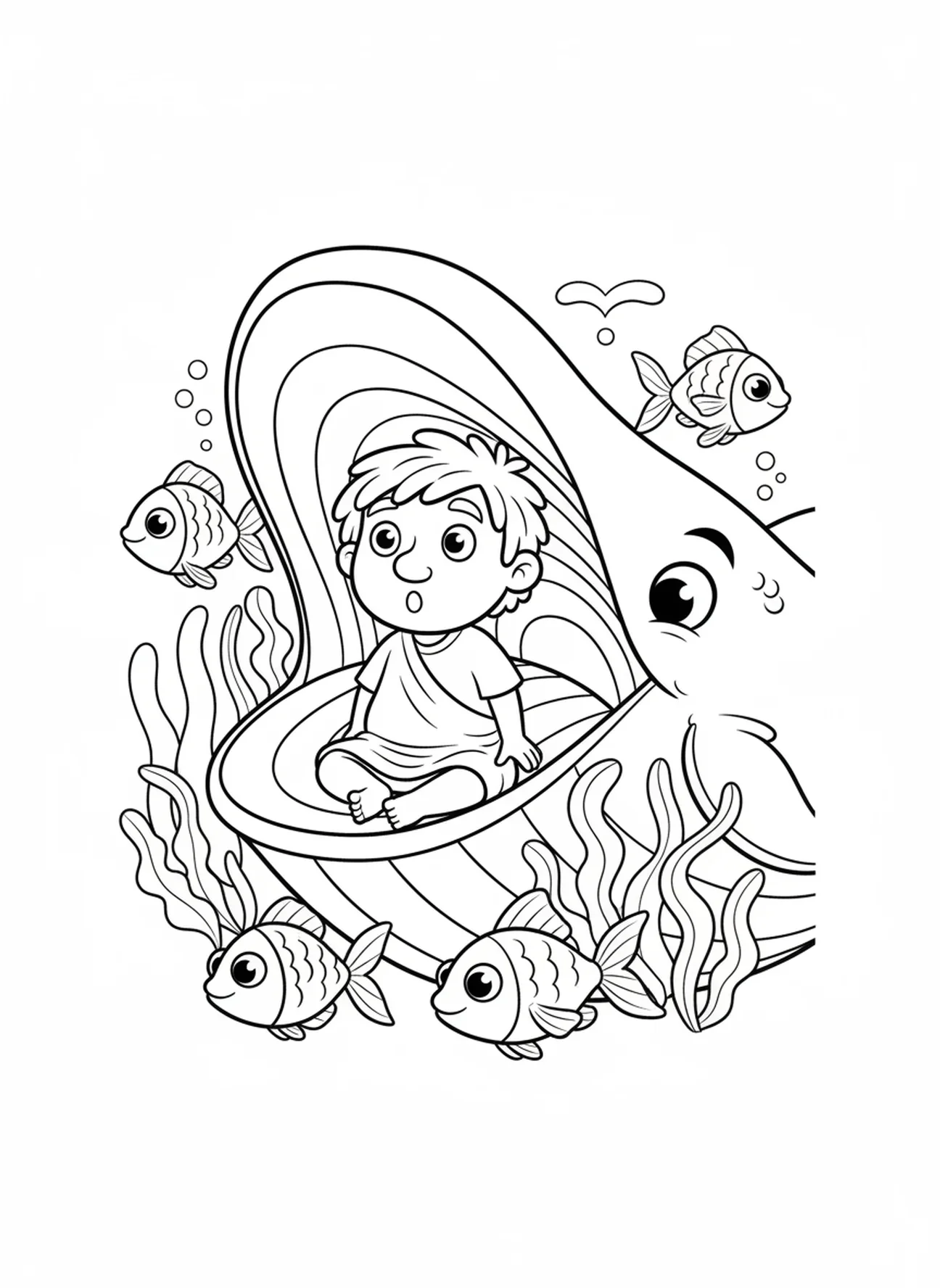 Cartoon Jona im Bauch eines Wals, Jona und der Wal Ausmalbild für Kinder im Alter von 5-10 Jahren.