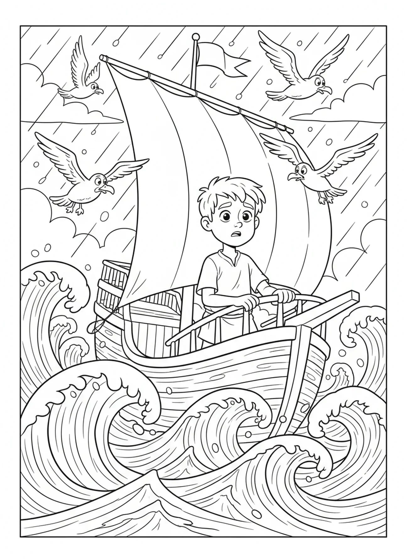 Cartoon Jonas auf einem Schiff, Jonas und der Wal, Jonas flieht vor Gott Ausmalbild für Kinder im Alter von 5-10 Jahren.