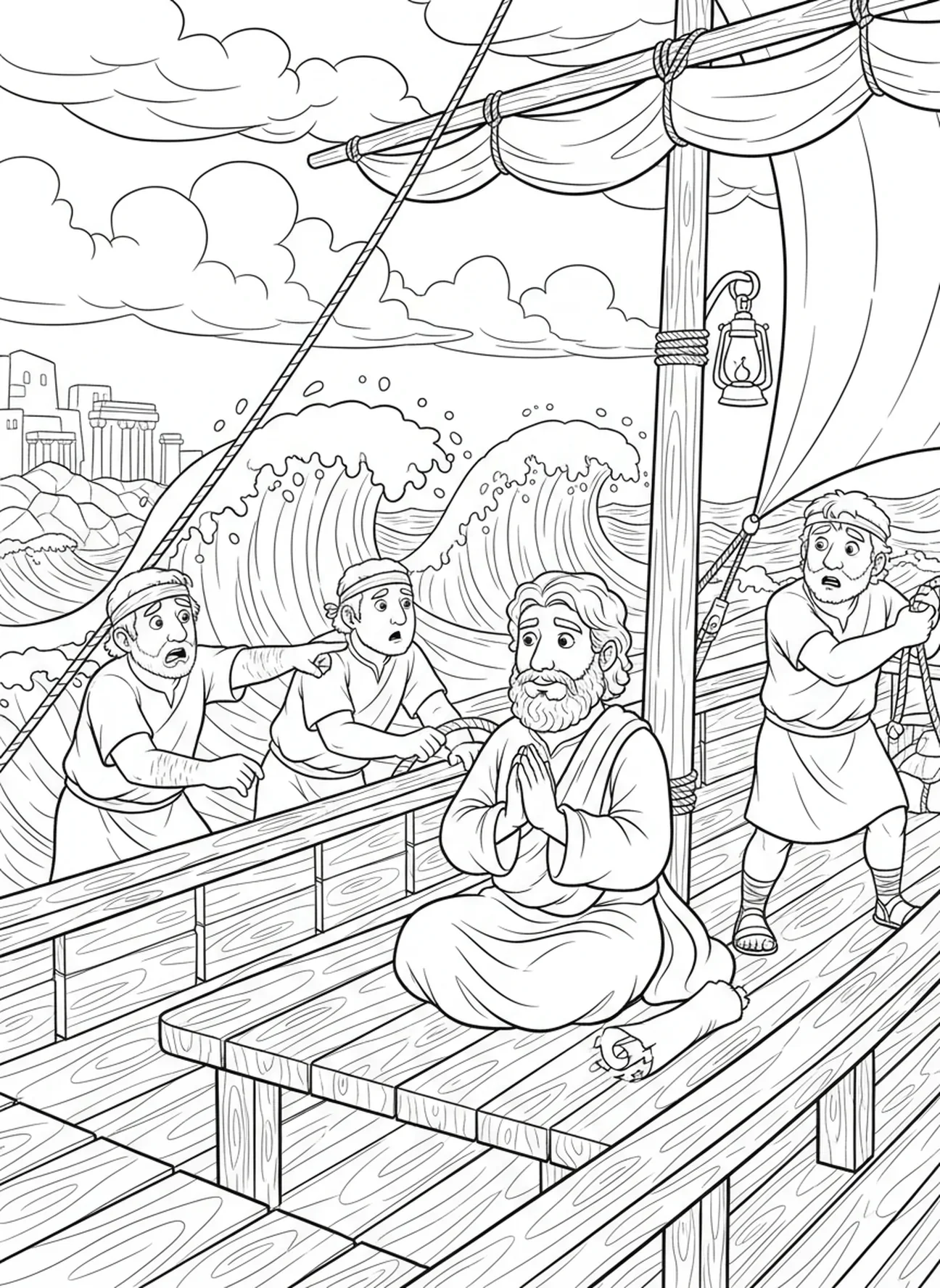 Jona auf dem Schiffsdeck, Jona und der Wal, Jona läuft von Gott weg Malvorlage für Sonntagsschule Kinder im Alter von 5-12 Jahren.