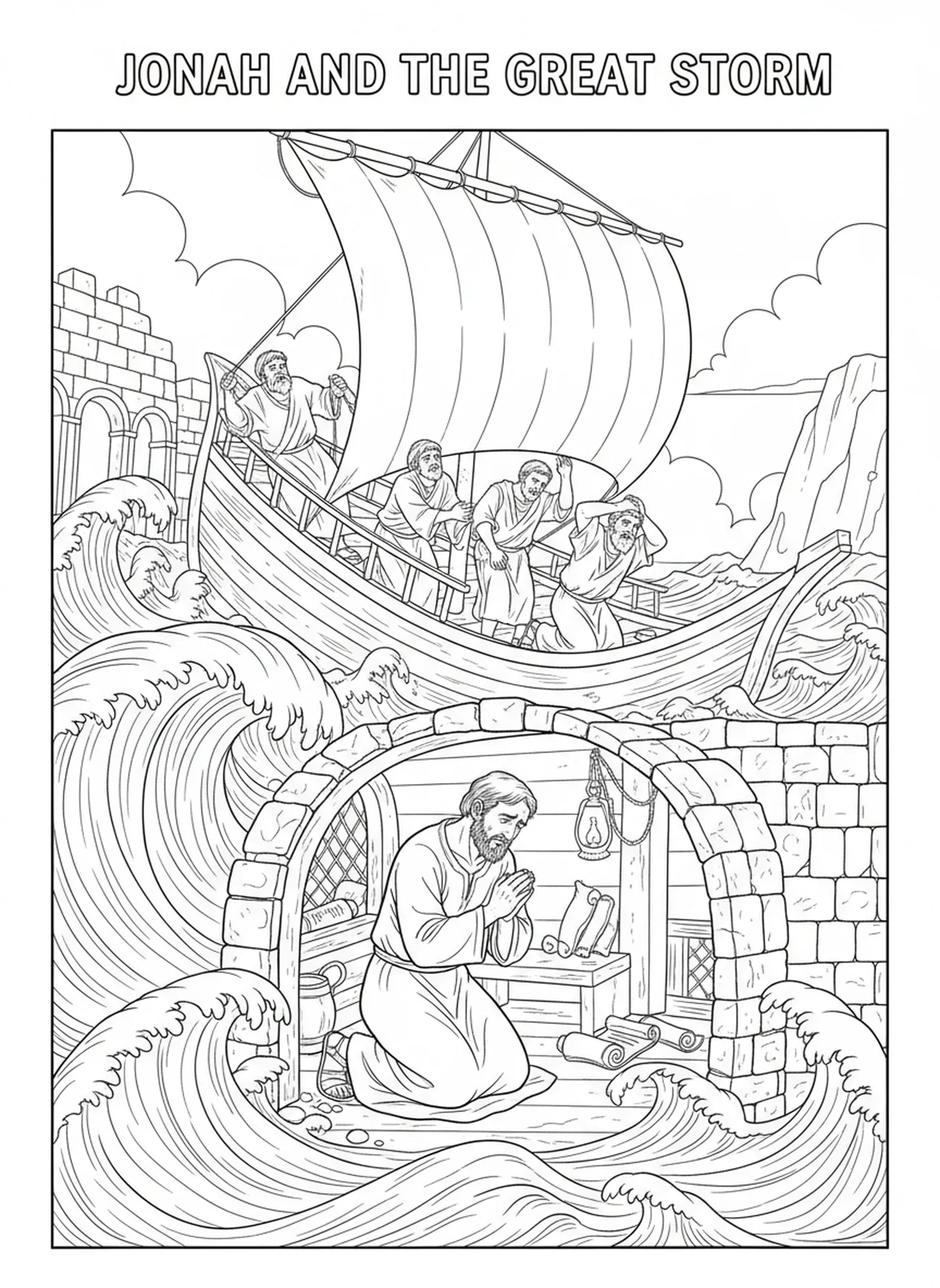 Schiff in stürmischer See, Jona und der Wal, Jona flieht vor Gott, Malvorlage für die Sonntagsschule für Kinder im Alter von 5-12 Jahren.