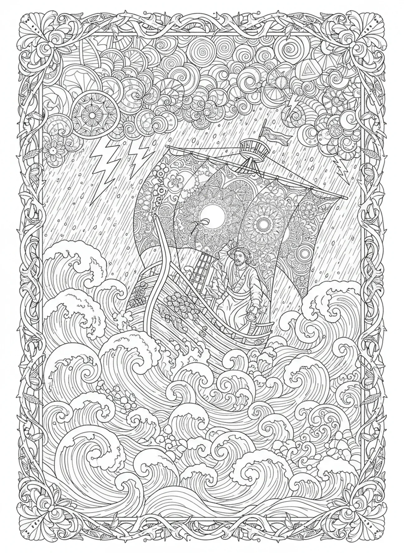 Navio em mar tempestuoso com Jonas, página para colorir de Jonas e a Baleia, Jonas engolido pelo peixe, estilo de journaling bíblico para adultos