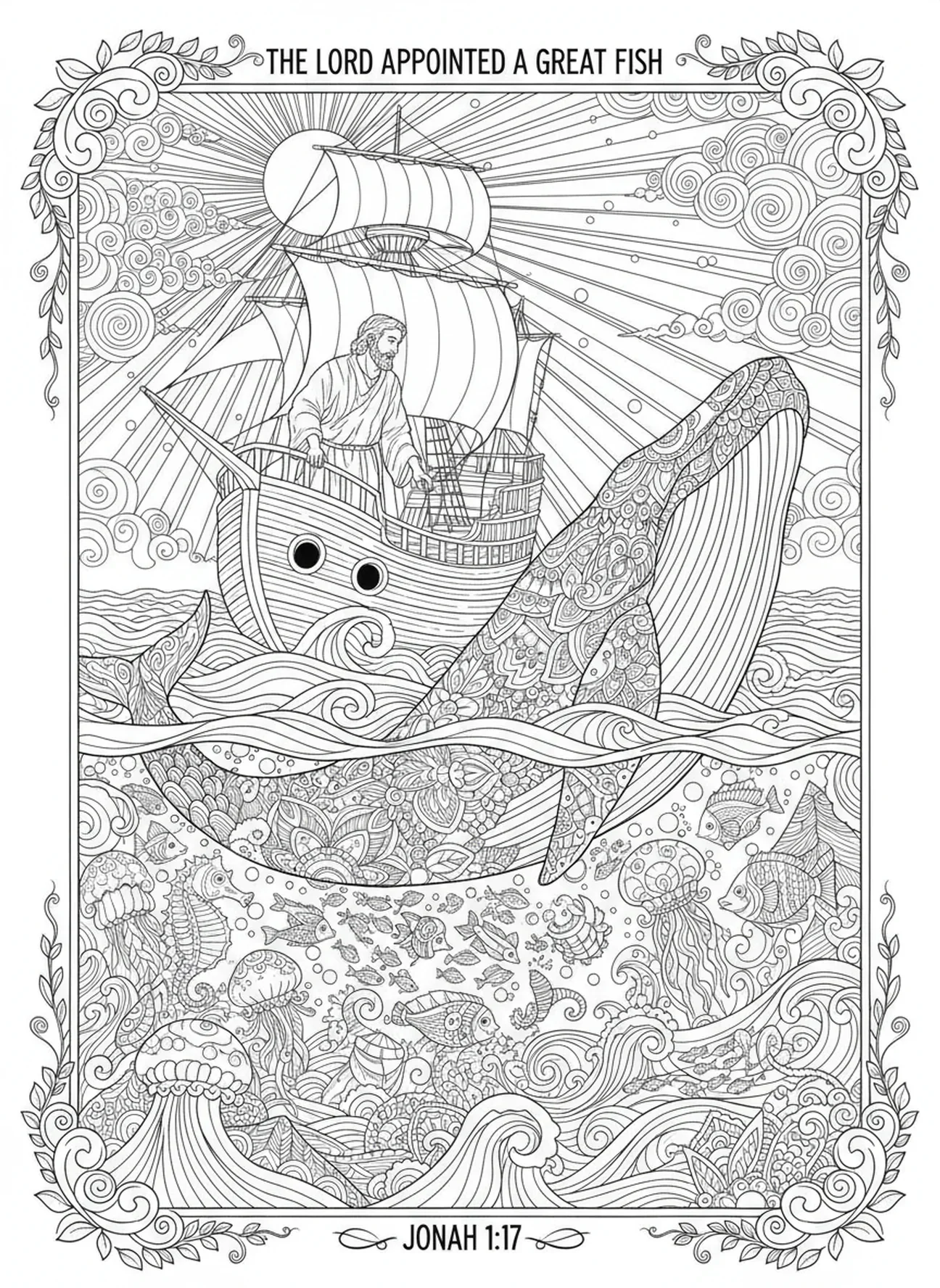 Baleia se aproximando de Jonas no barco, página para colorir Jonas e a Baleia, Jonas engolido pelo peixe, estilo de journaling bíblico para adultos