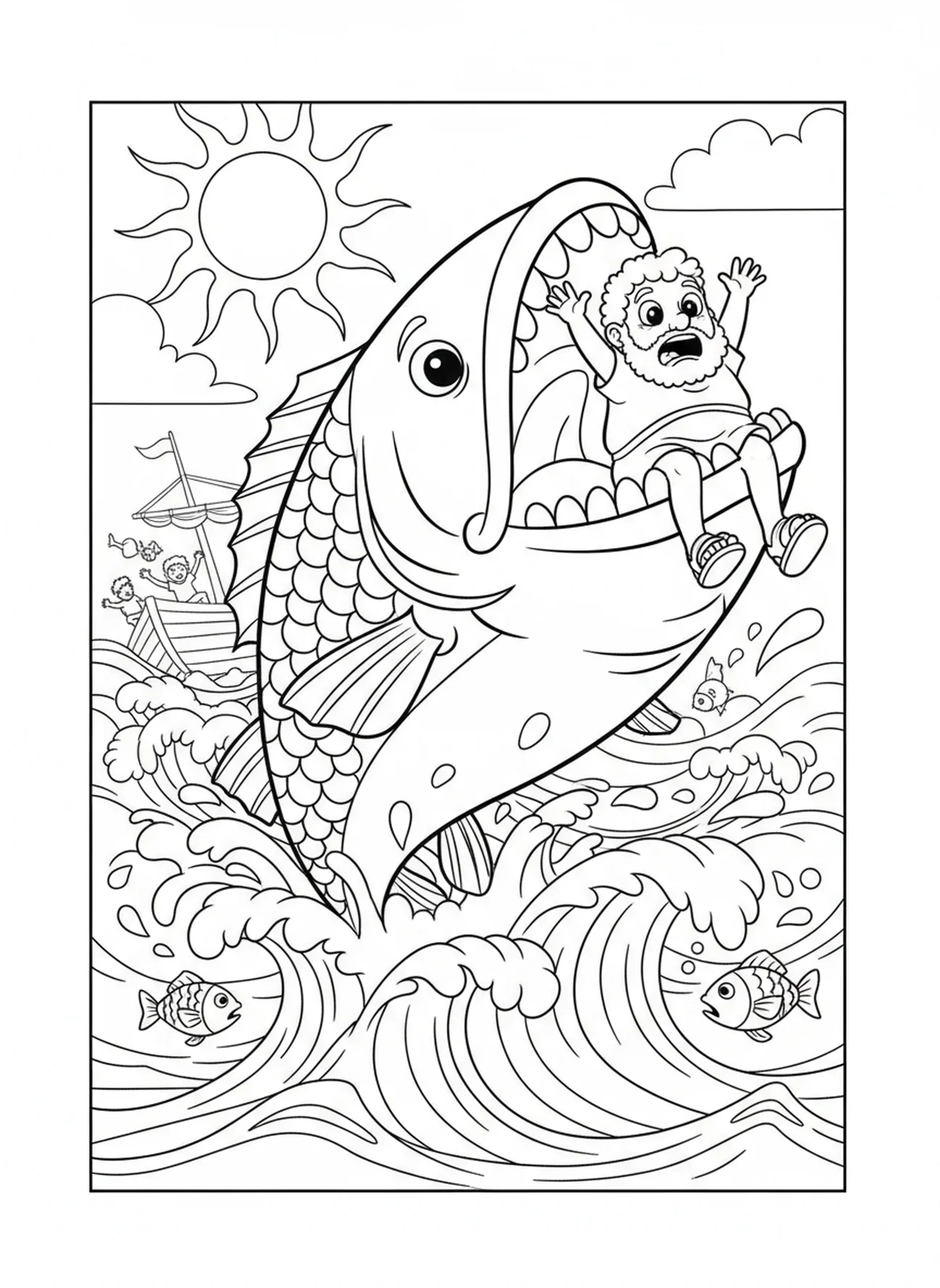 Un grand poisson émerge de l'eau, Jonas et la baleine, page à colorier pour enfants de 5 à 10 ans.