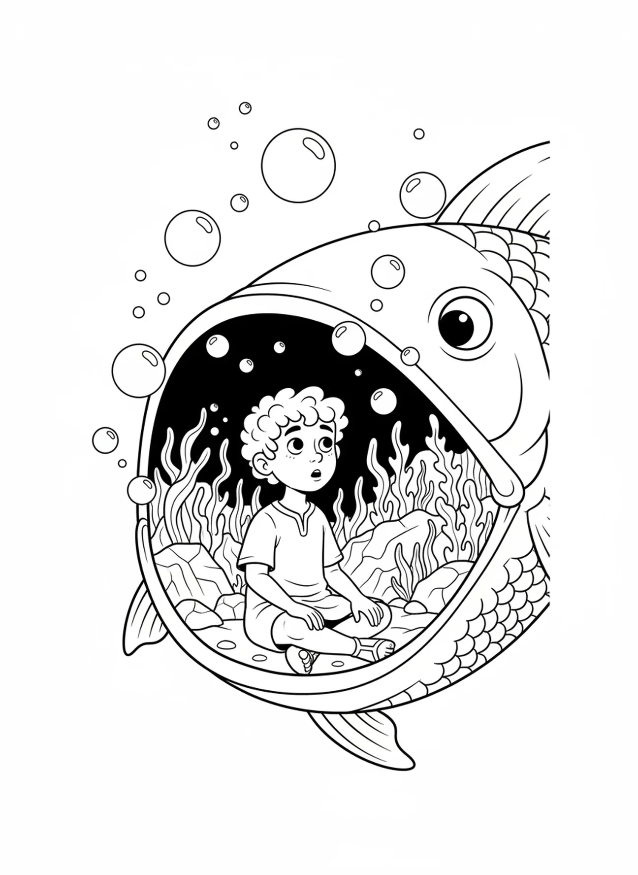 Jonas à l'intérieur du grand poisson, page à colorier Jonas et la baleine pour les enfants de 5 à 10 ans.