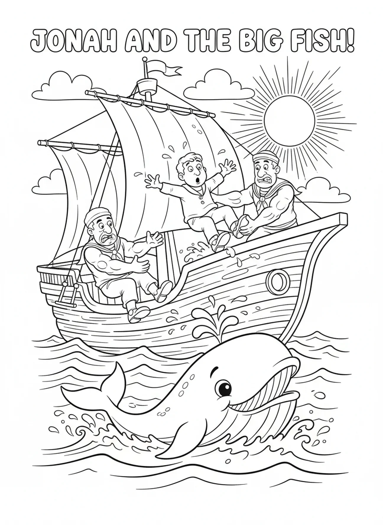 Jonas jeté à la mer, page à colorier Jonas et la baleine, Jonas avalé par le poisson pour les enfants de 5 à 10 ans.
