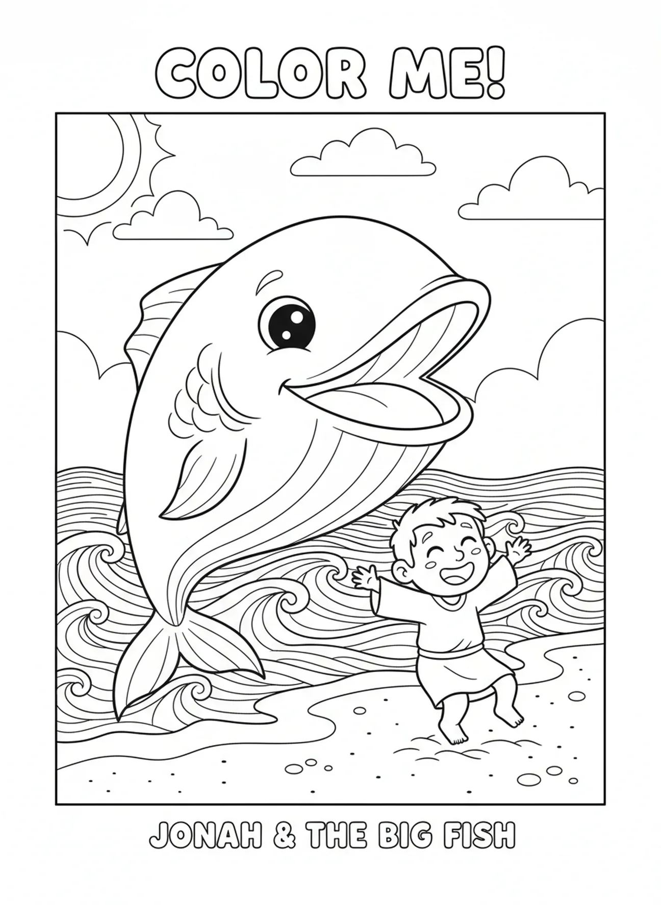 Gros poisson crachant Jonas sur le rivage, page à colorier Jonas et la baleine pour les enfants de 5 à 10 ans.