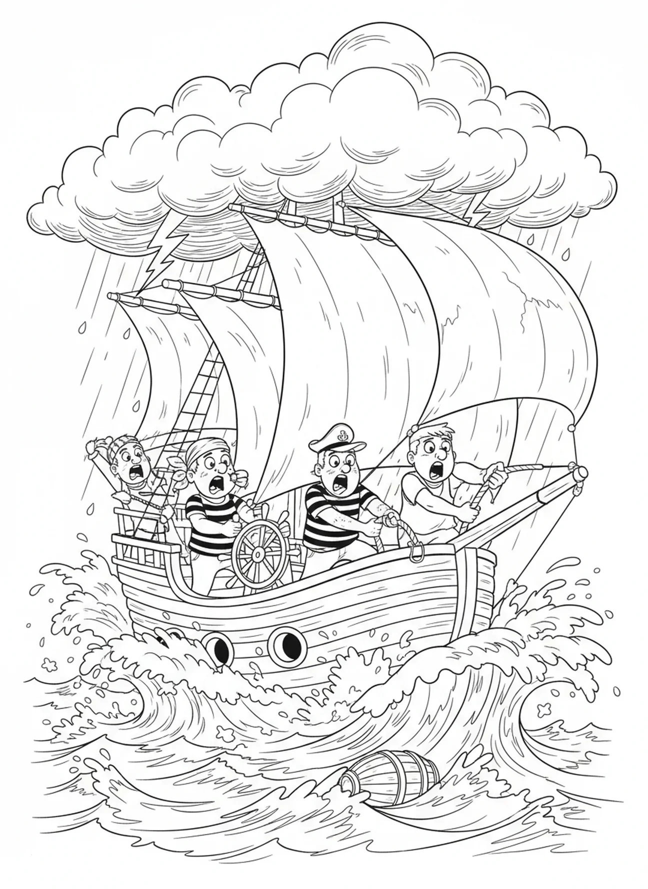 Marins luttant sur une mer tempétueuse, page à colorier de Jonas et la baleine, Jonas avalé par le poisson pour les enfants de 5 à 10 ans.