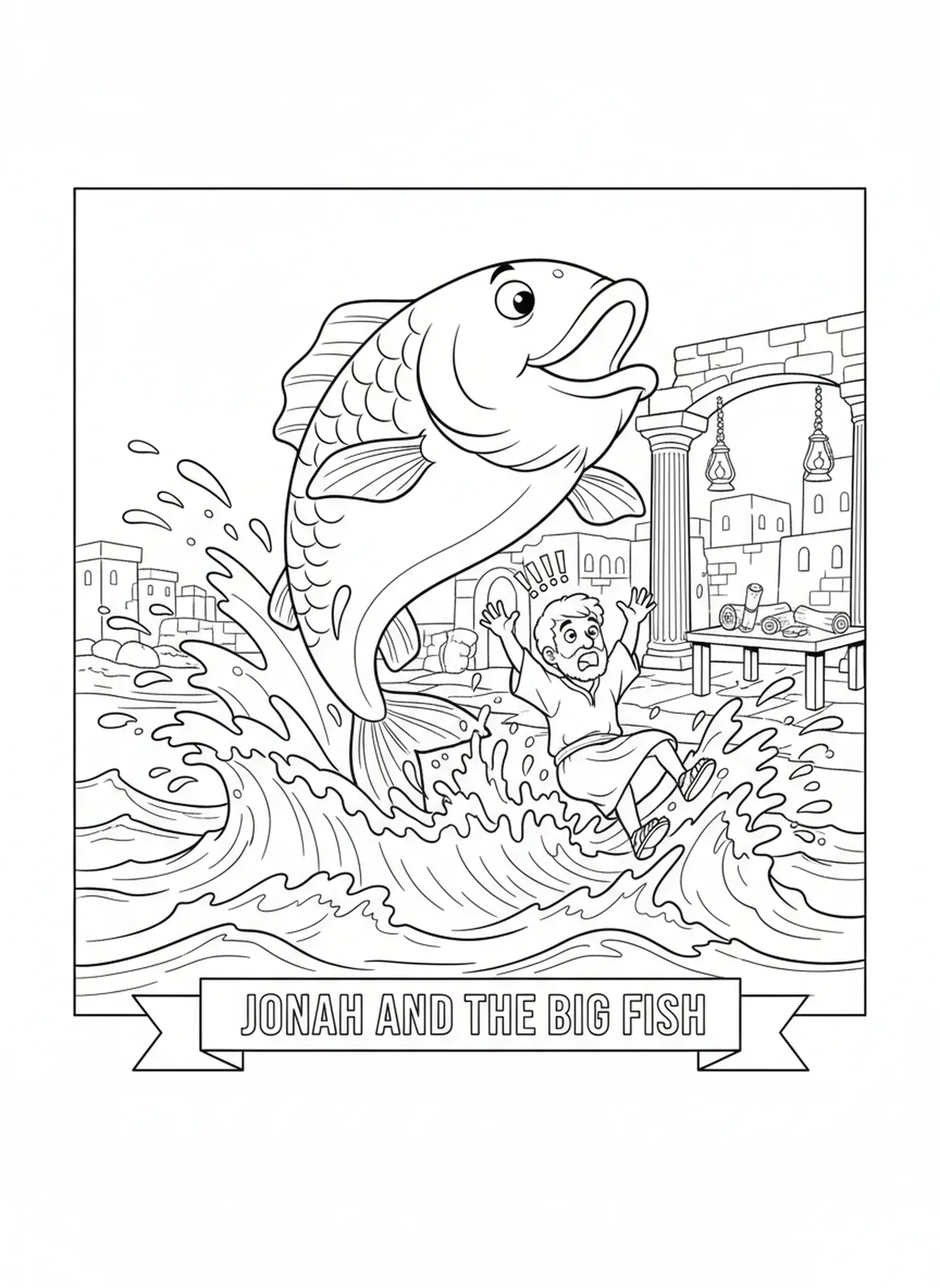 Gros poisson sautant hors de l'eau, Jonas et la baleine, page à colorier pour les enfants de l'École du dimanche âgés de 5 à 12 ans.