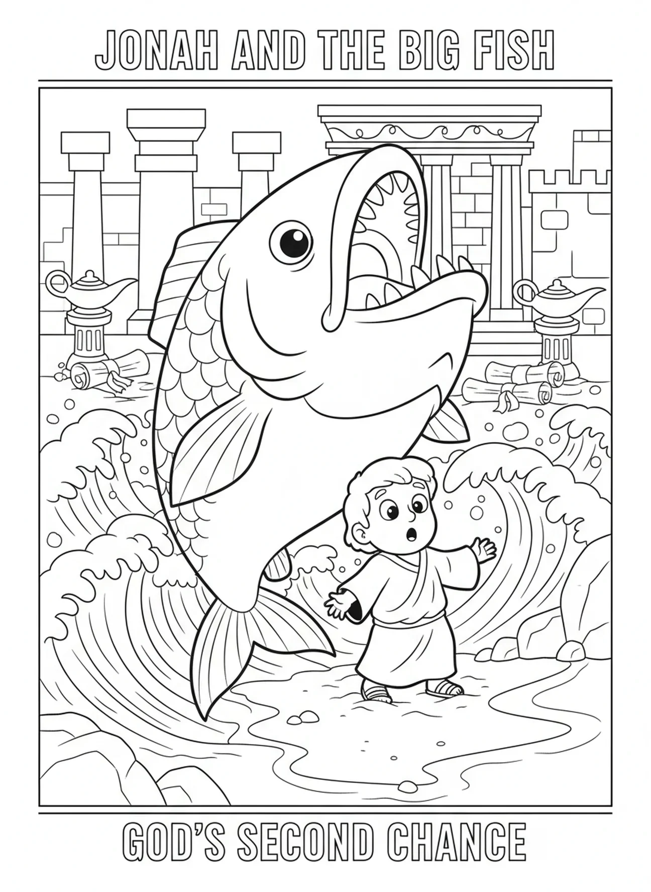 Poisson crachant Jonas sur le rivage, page à colorier Jonas et la baleine pour les enfants de l'École du dimanche âgés de 5 à 12 ans.