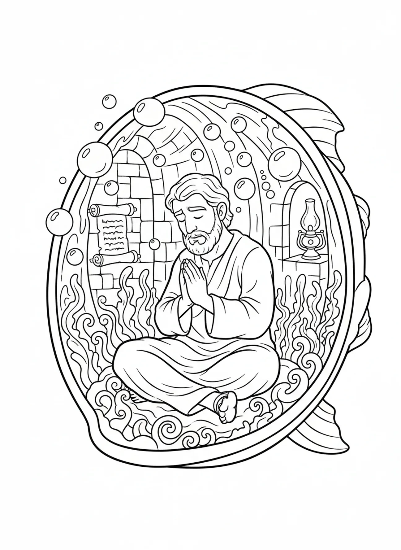 Jonas dans le ventre du poisson, page à colorier Jonas et la baleine pour les enfants de l'École du dimanche âgés de 5 à 12 ans.