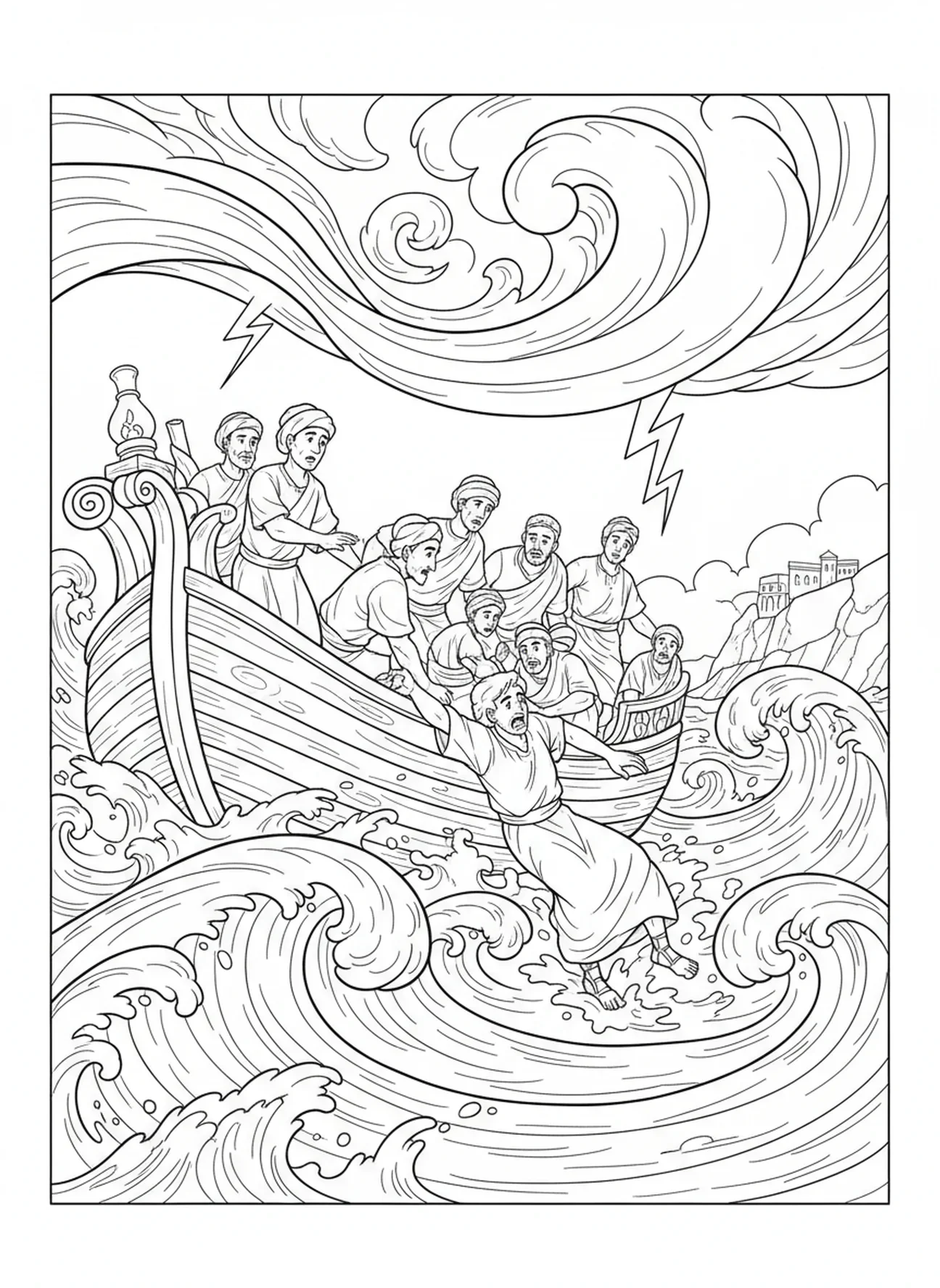 Jonas tombé à la mer, page de coloriage Jonas et la baleine, Jonas avalé par le poisson pour les enfants de l'École du dimanche âgés de 5 à 12 ans.